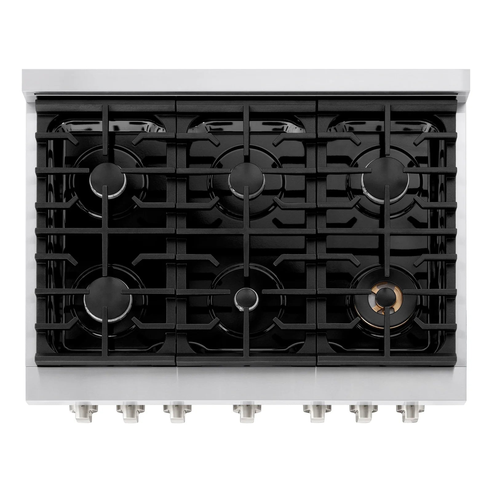 Stainless gas range cooktop with four black burner grates and knobs