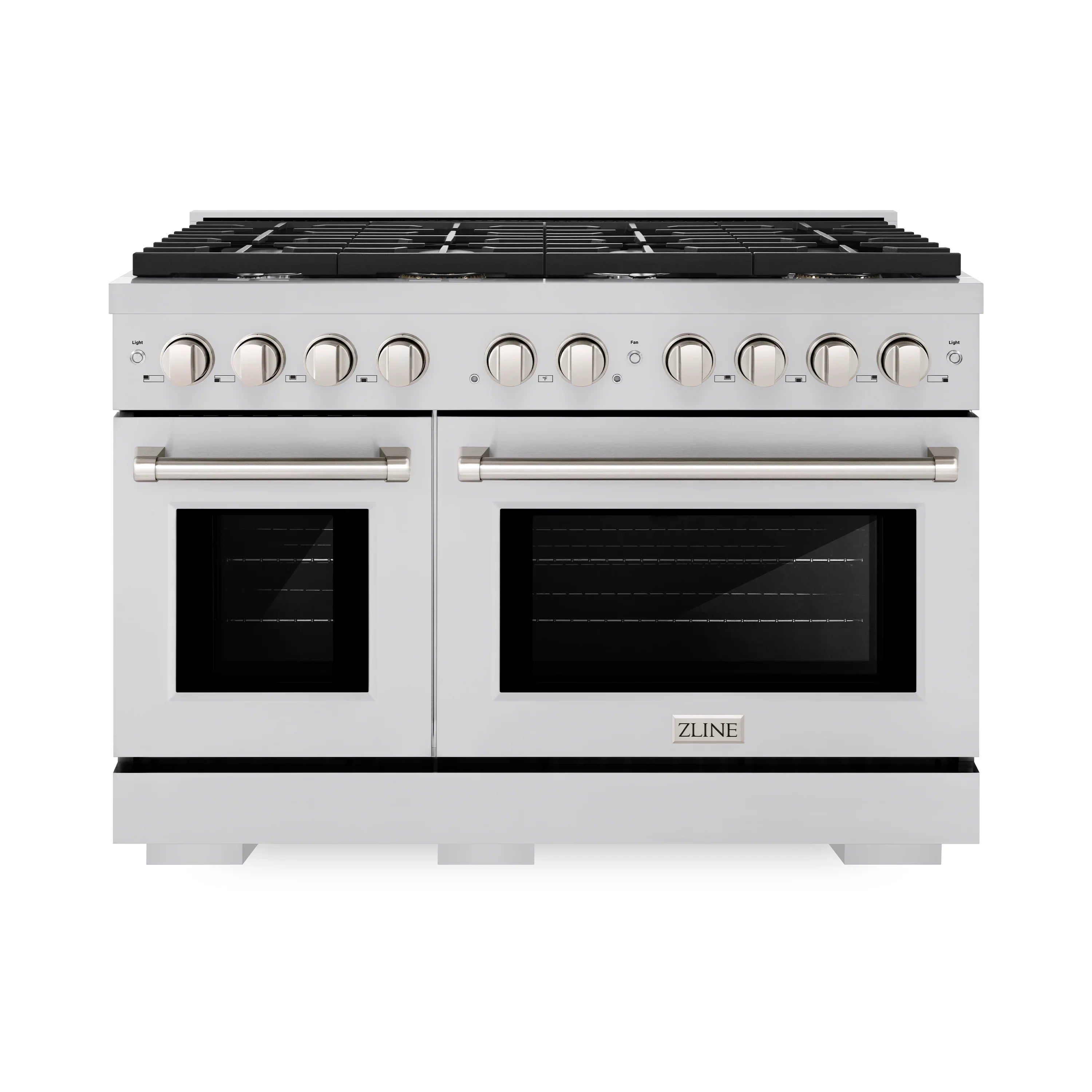 Stainless steel gas range with dual oven doors and black cooktop, front view