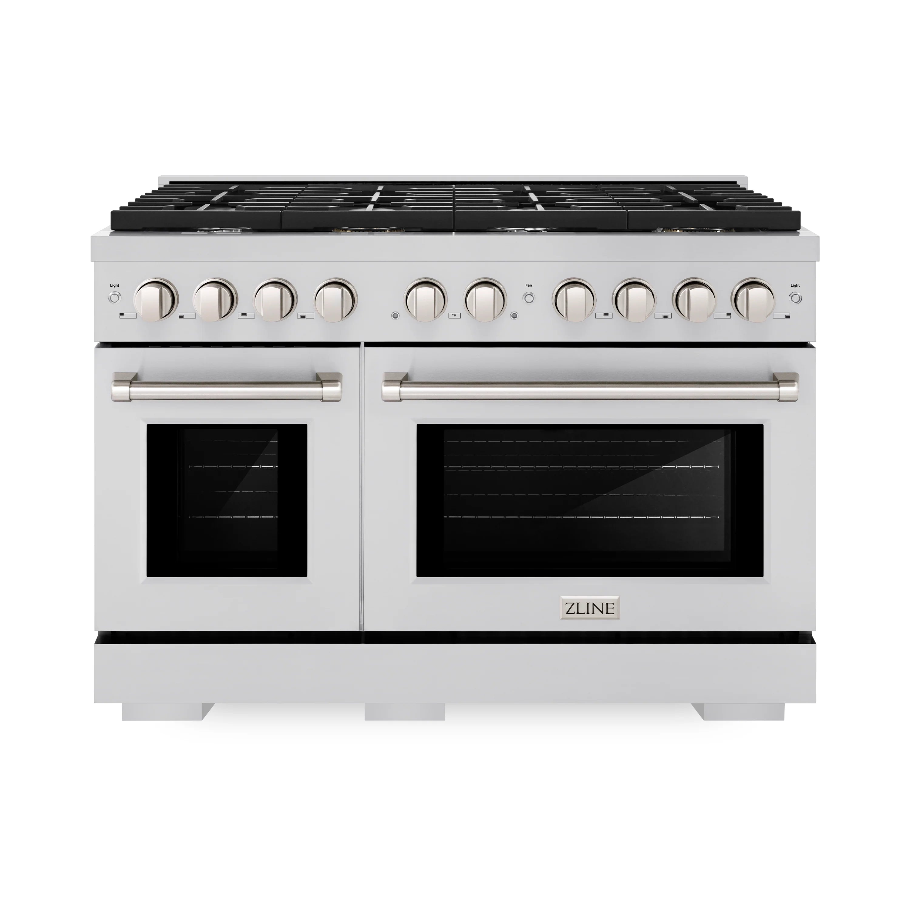 Stainless steel double oven gas range with black cooktop and front control knobs