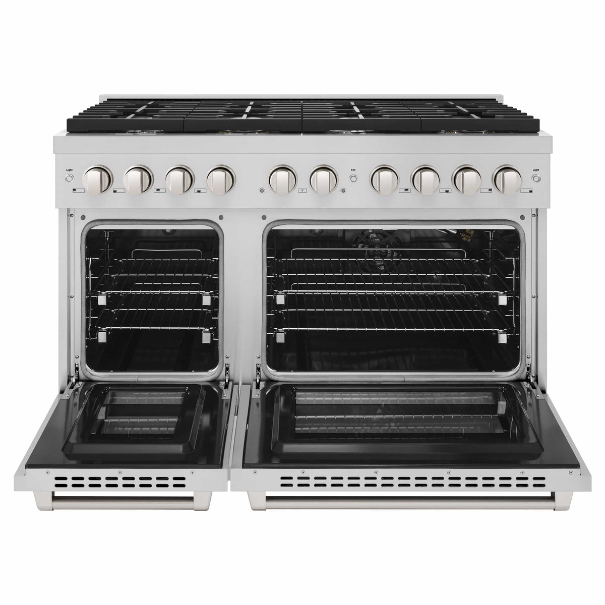 Stainless steel gas range with open dual oven doors
