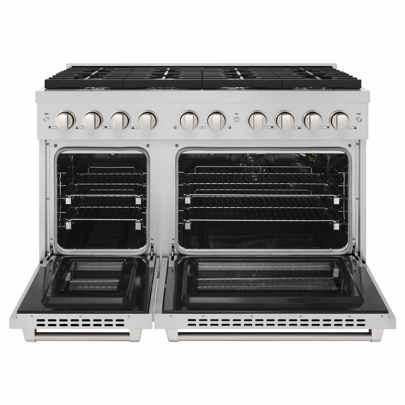 ZLINE 5-Piece Appliance Package - 48-Inch Gas Range, Refrigerator, Convertible Wall Mount Hood, Microwave Drawer, and 3-Rack Dishwasher in Stainless Steel (5KPR-RGRH48-MWDWV)