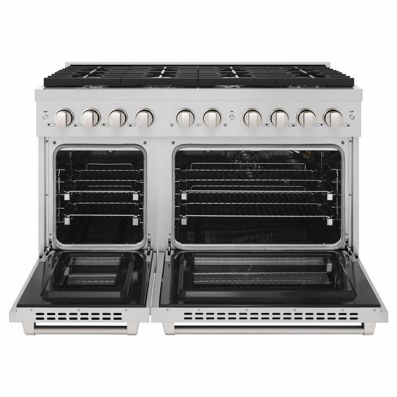 ZLINE 4-Piece Appliance Package - 48-Inch Gas Range, Refrigerator with Water Dispenser, Convertible Wall Mount Hood, and 3-Rack Dishwasher in Stainless Steel (4KPRW-RGRH48-DWV)