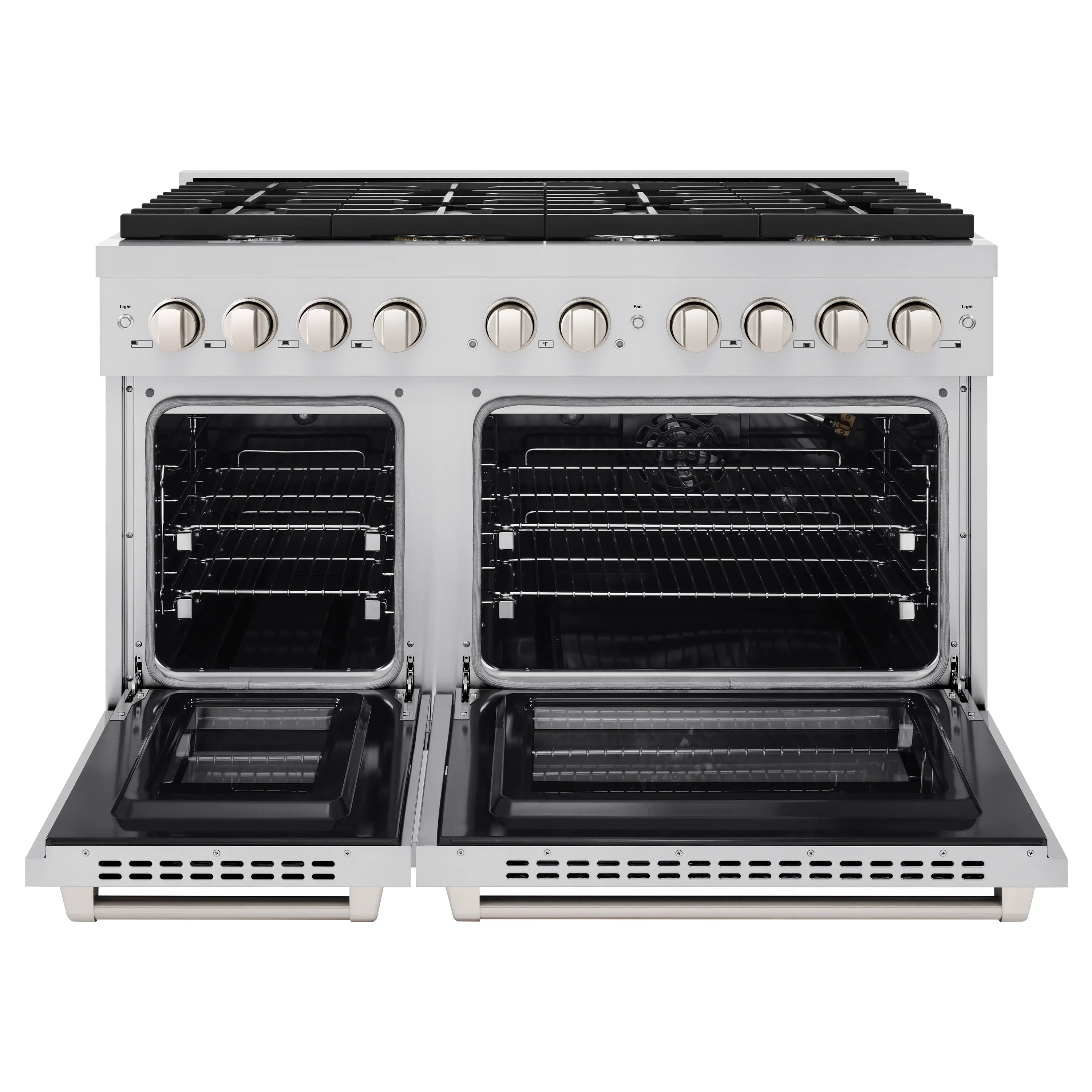 ZLINE stainless steel gas range with both oven doors open and black oven interiors