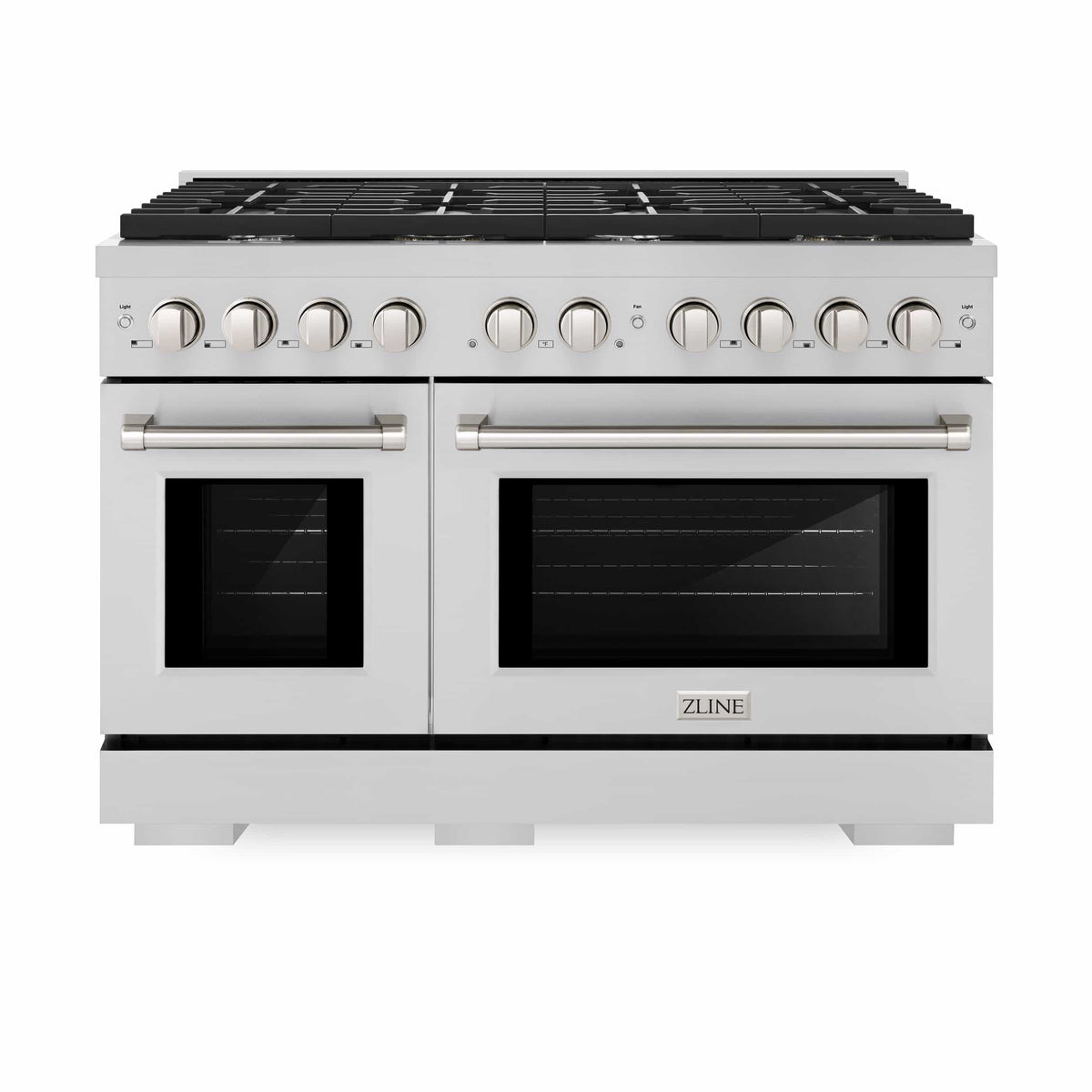 Stainless steel gas range with dual oven doors and black cooktop