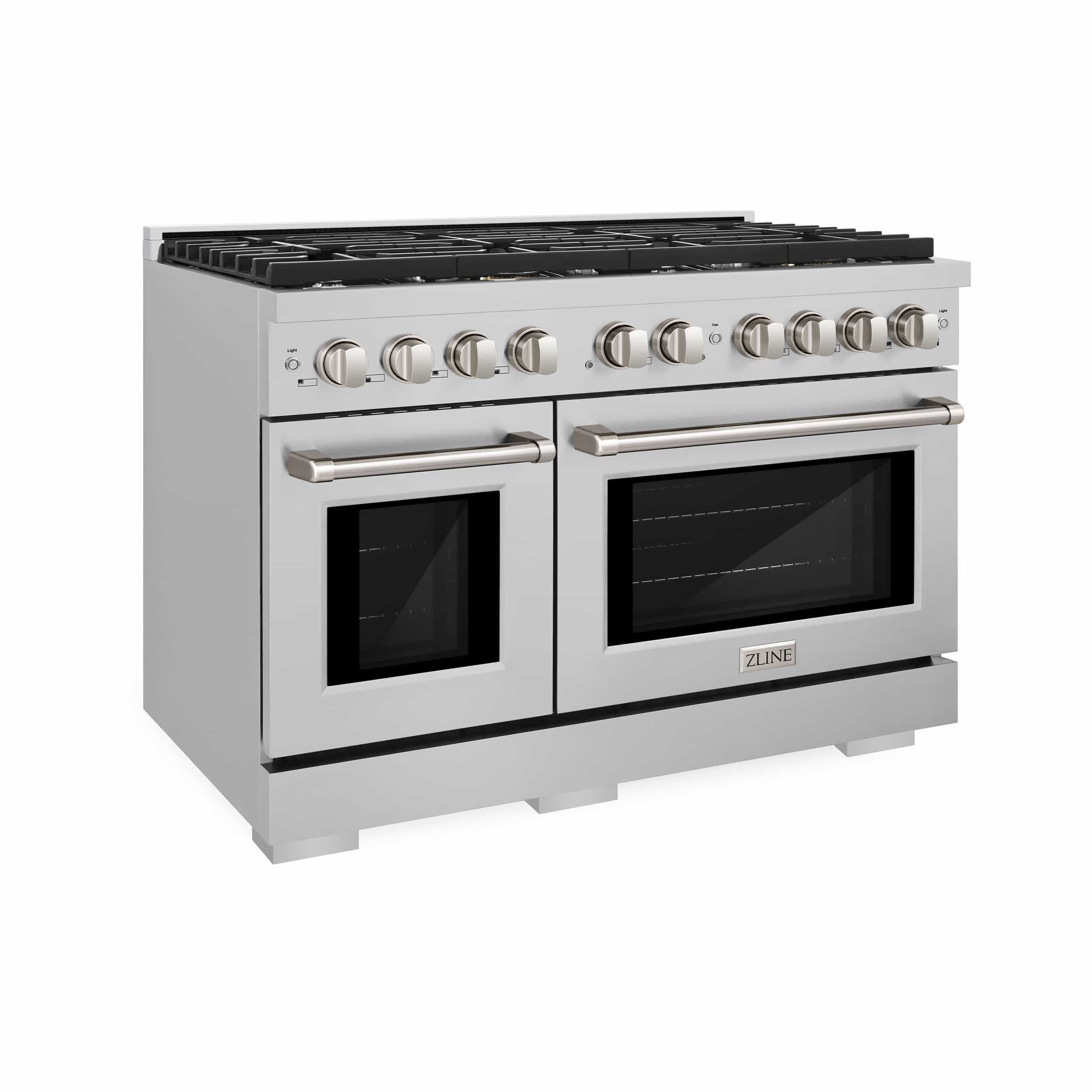 Stainless gas range angled view with cooktop, front knobs, and double oven doors