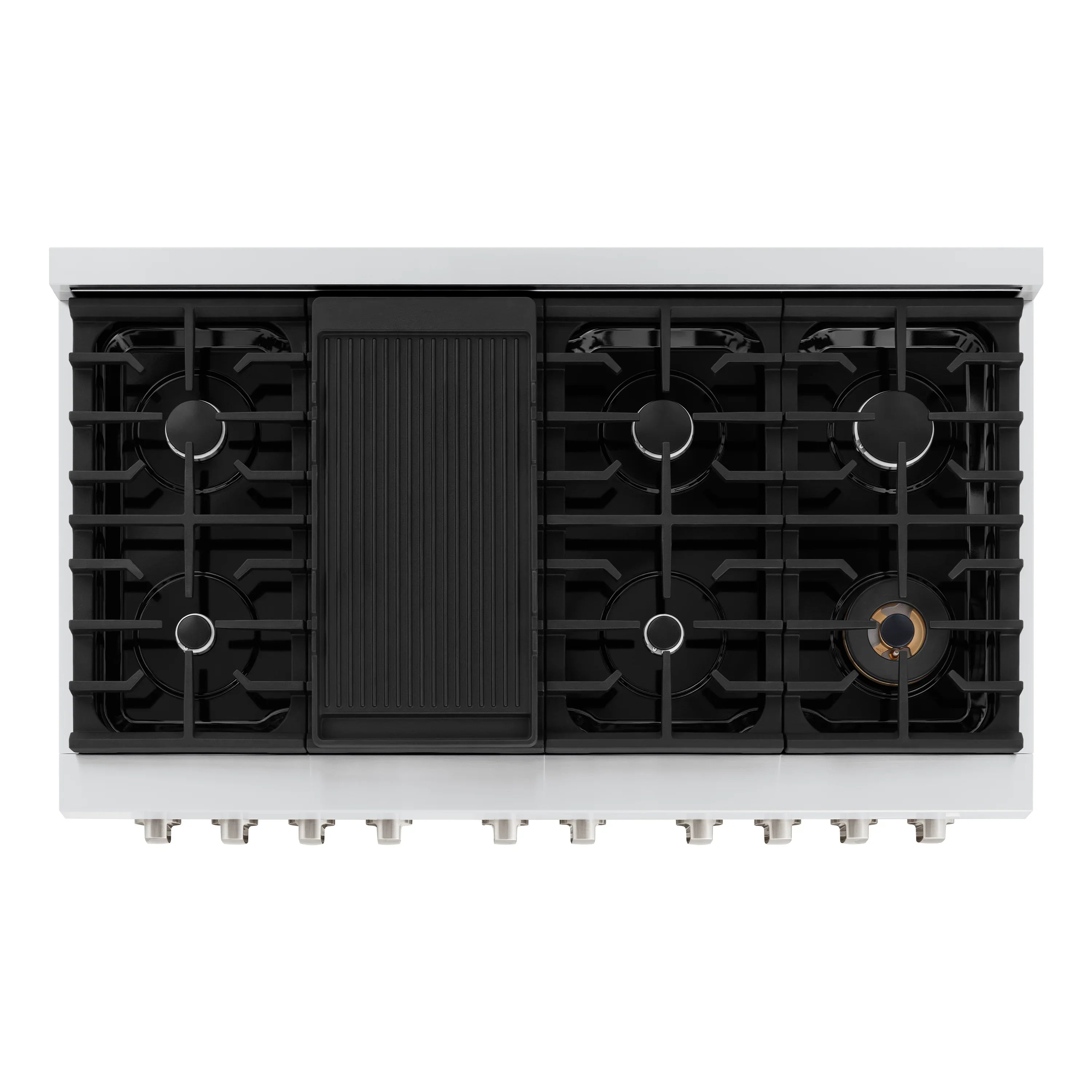 Stainless steel gas range burner grates with a centered black griddle-style panel