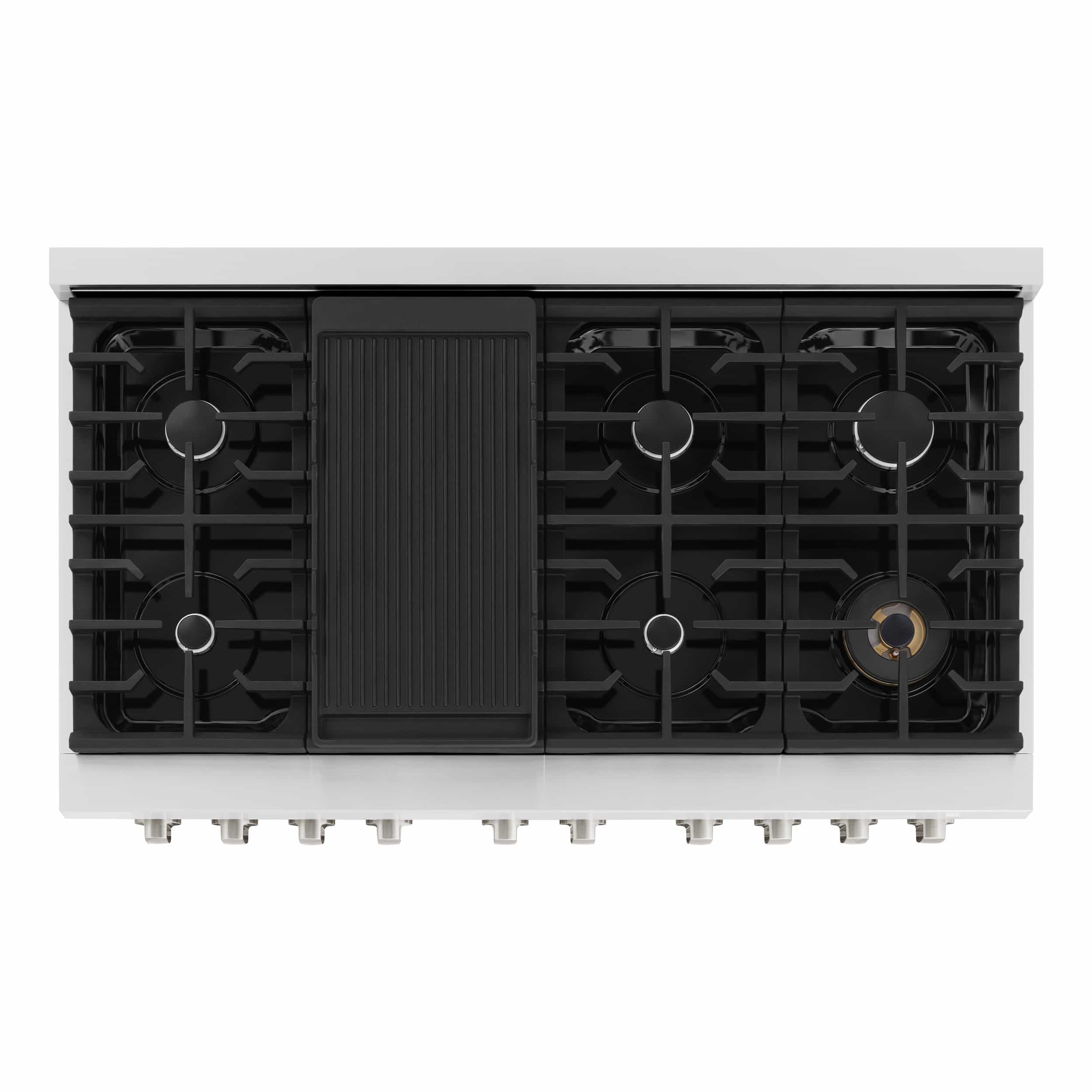 Cooktop burner layout with removable grates and center ignition area