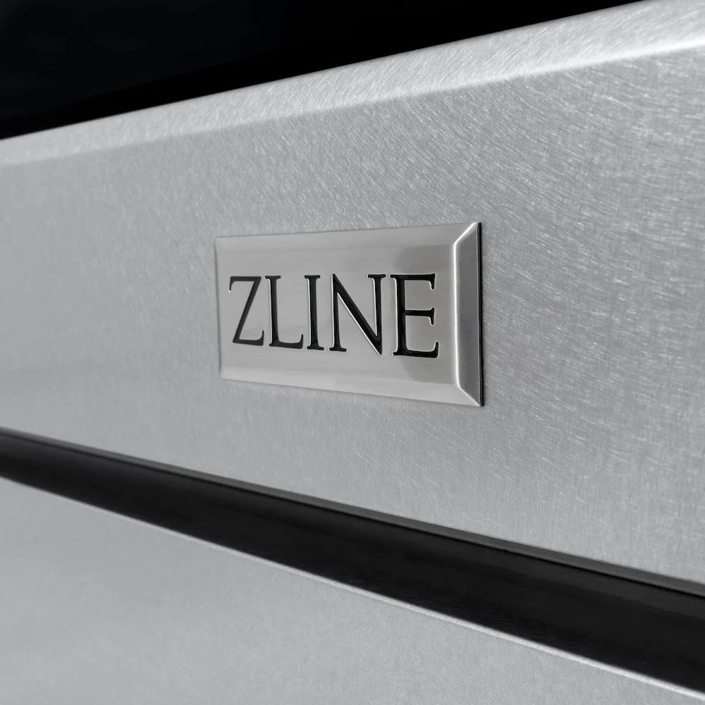 ZLINE logo on satin stainless steel front of the gas range