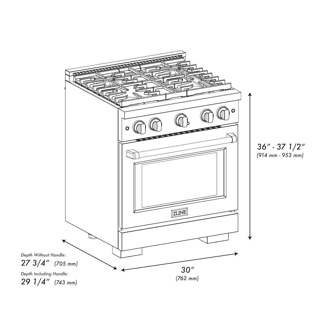 30-inch gas range diagram showing cooktop burners and oven door
