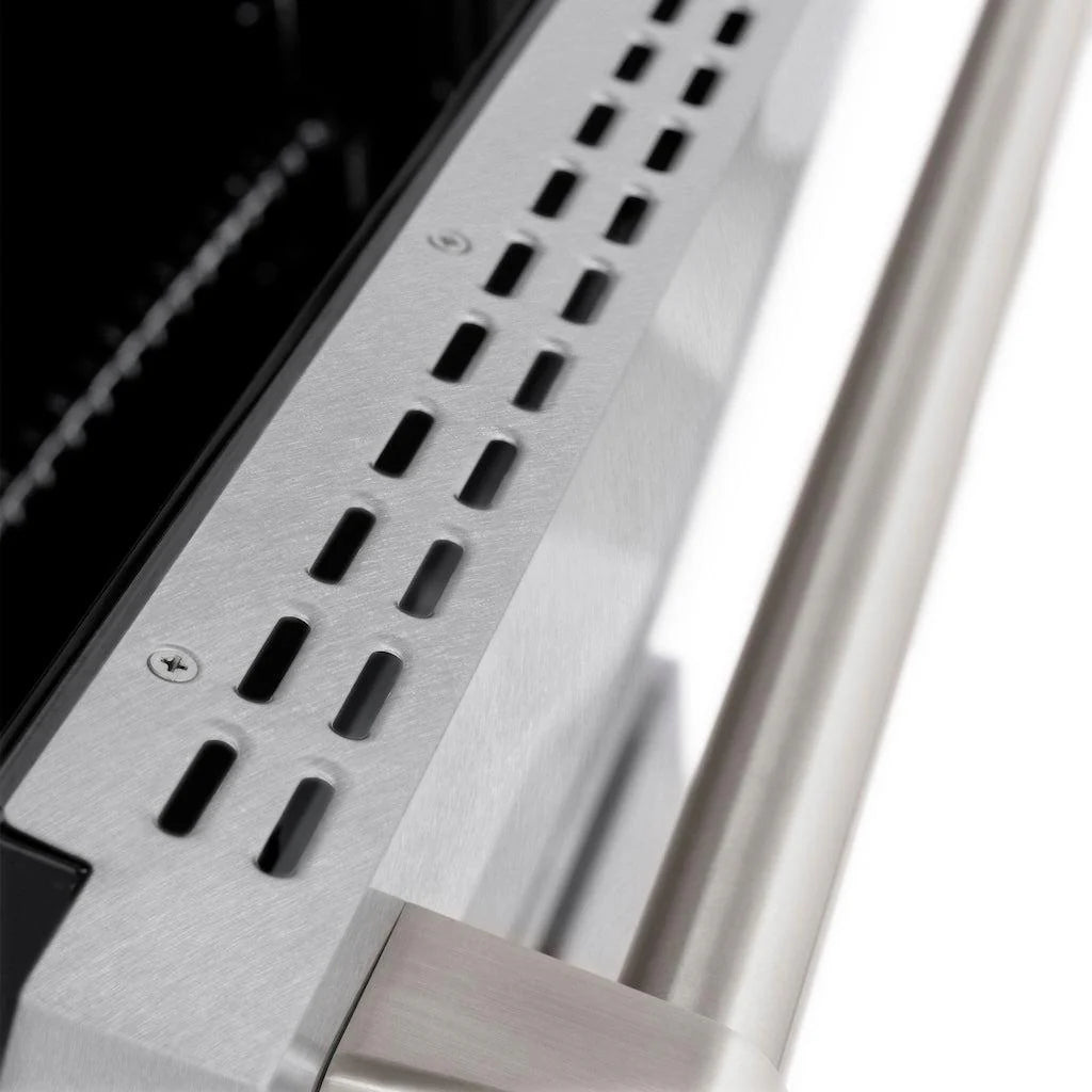 Stainless steel vent panel with row of rectangular openings and fasteners