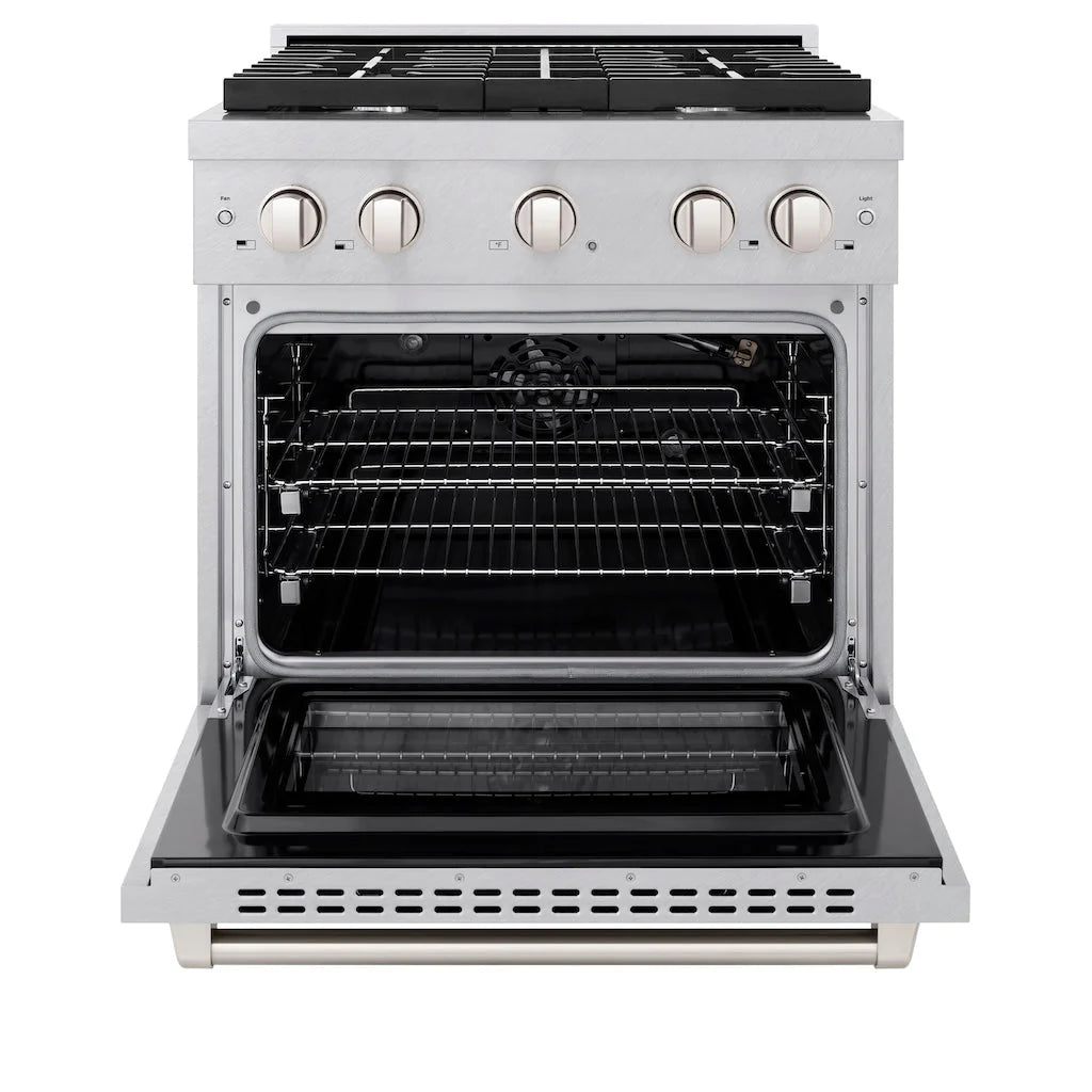 Stainless steel gas range with open oven door and interior racks