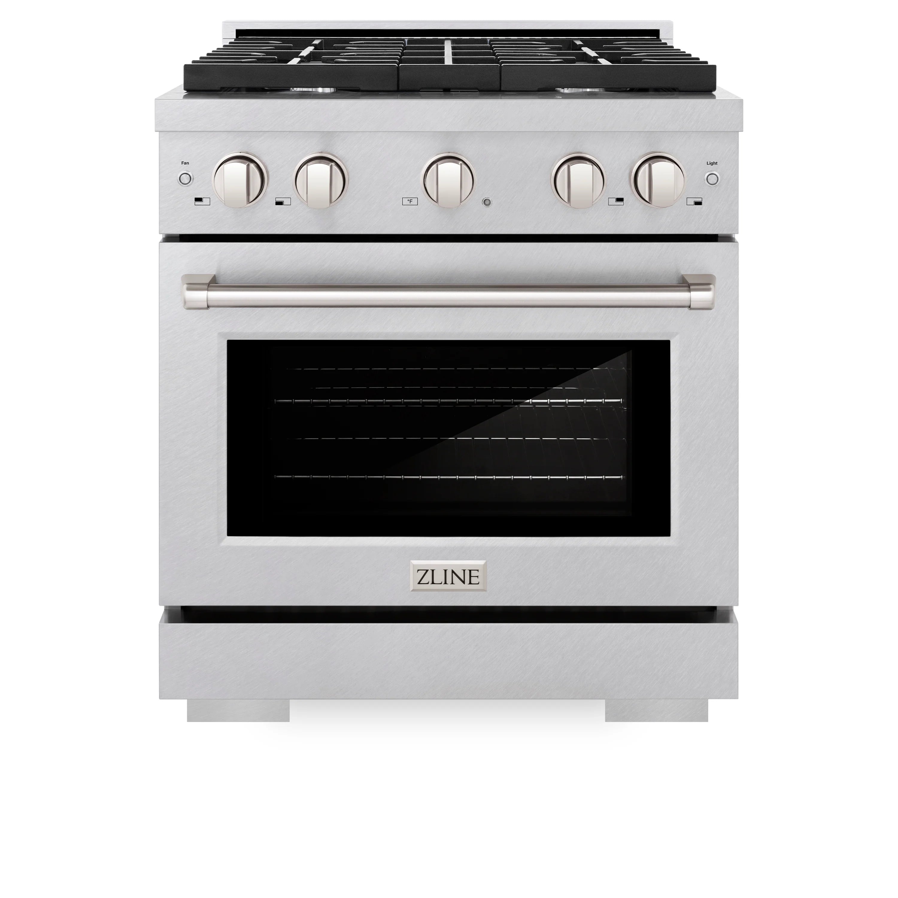 Satin stainless steel gas range with four burners and convection oven door