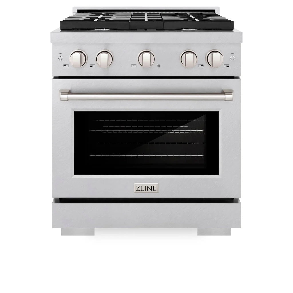 Stainless steel gas range with oven door and front control knobs