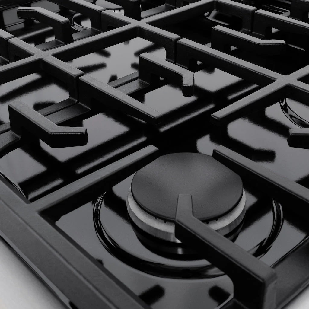 Black cast-iron style burner grates with round burner cap and control knobs