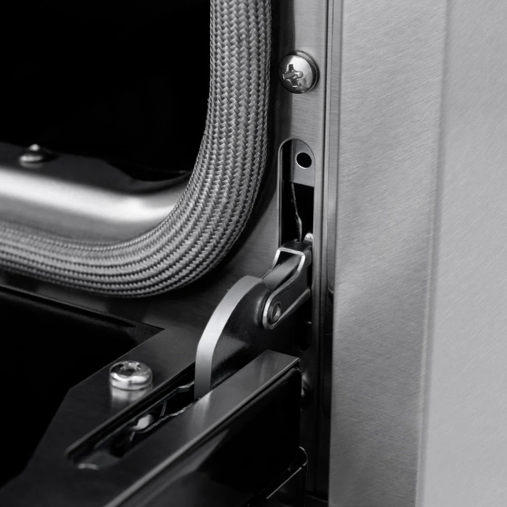 Stainless steel side panel with oven door hinge and braided flexible hose