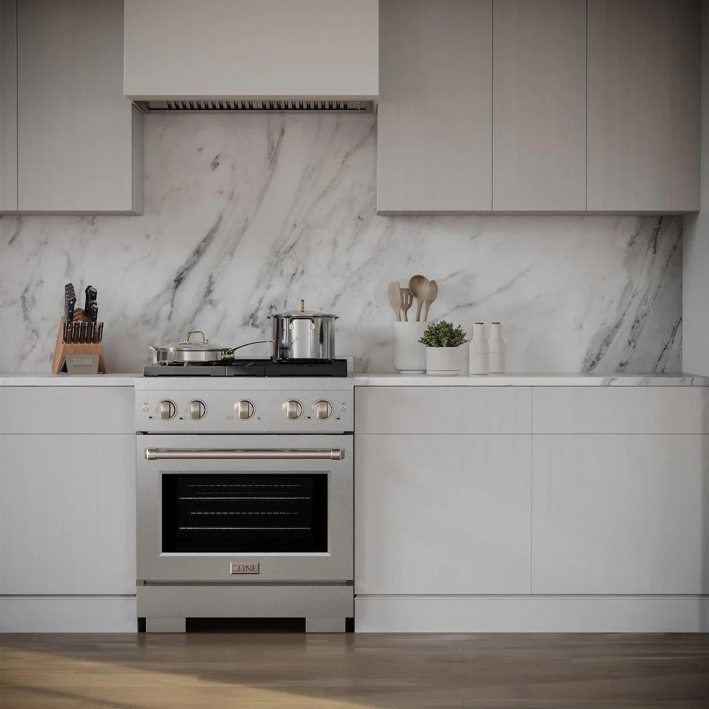 Satin stainless steel freestanding gas range with stovetop burners and oven door