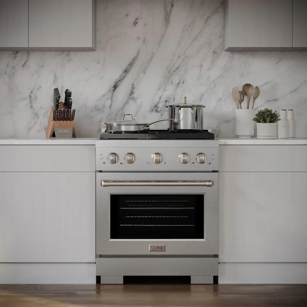 Satin stainless steel gas range with oven window and front control knobs