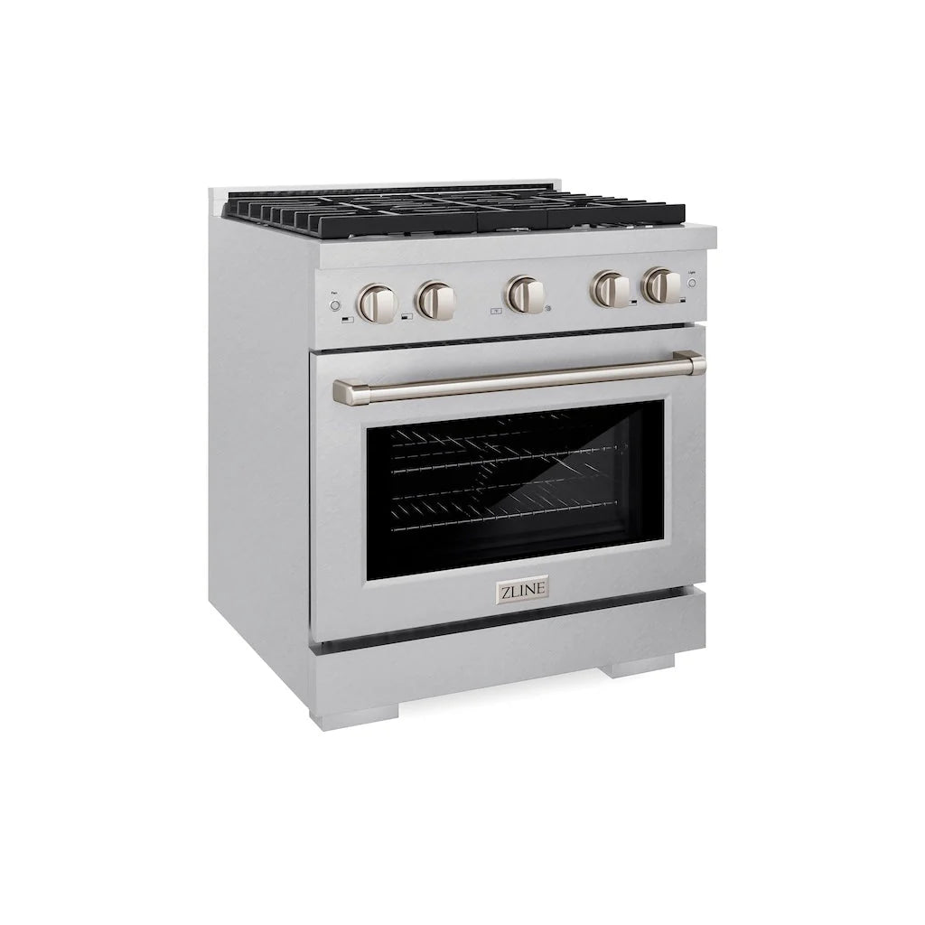 Stainless steel gas range with knobs, oven window, and top grates