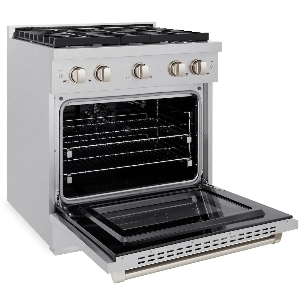 Stainless steel gas range oven with open door and black baking rack