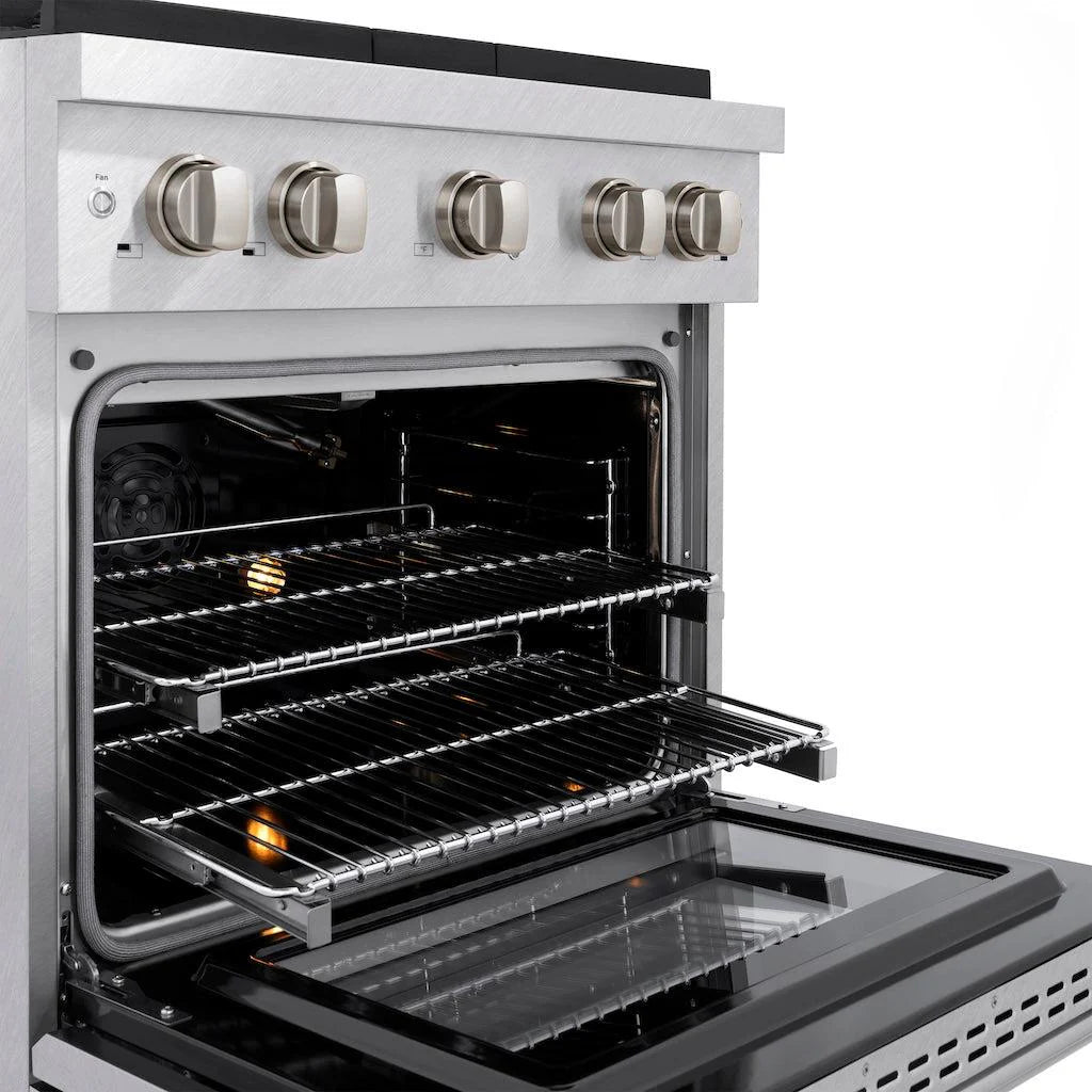 Satin stainless steel gas range oven with heating racks and open door
