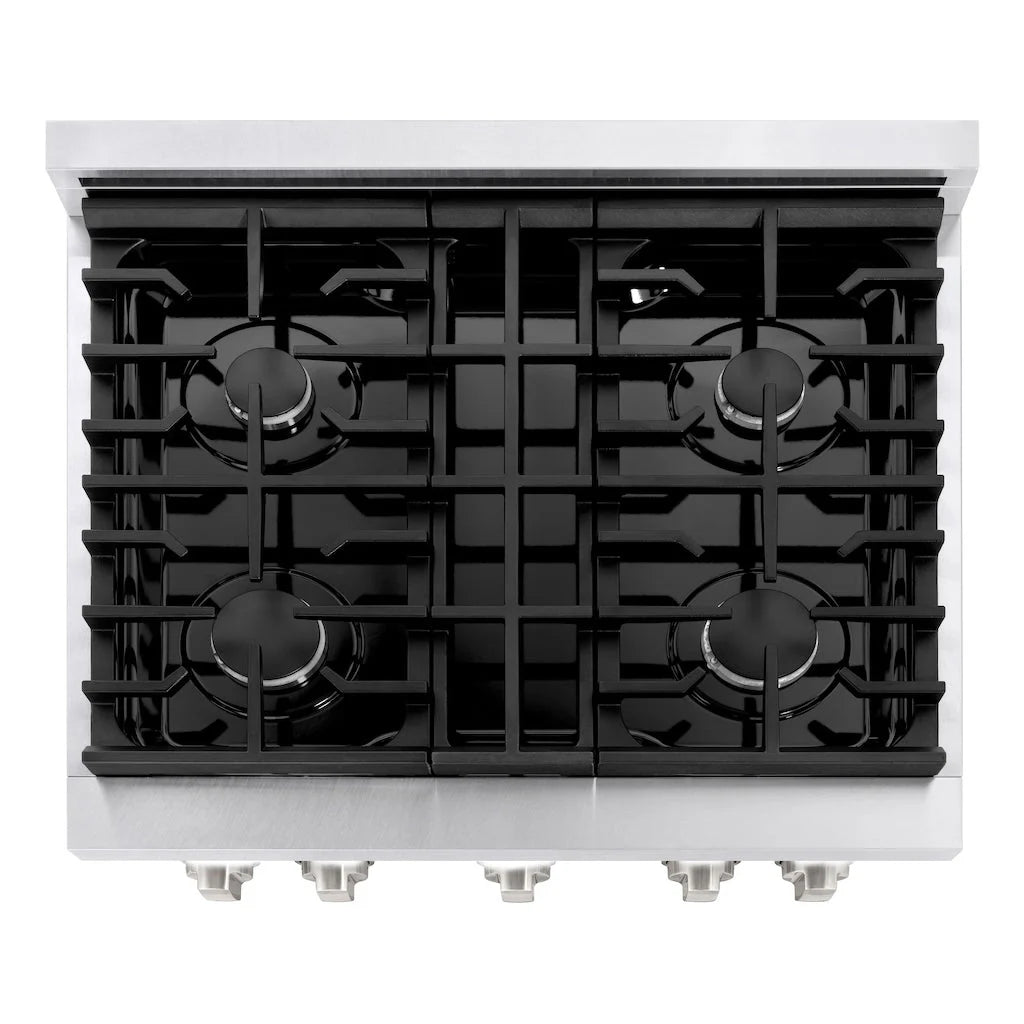 Stainless steel gas cooktop with six black burners and cast-iron style grates