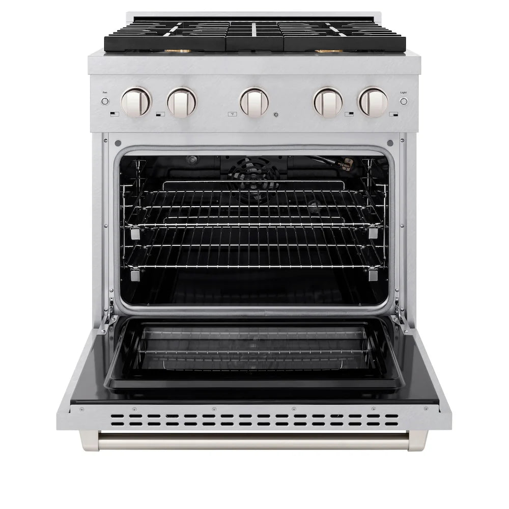 Open oven cavity with wire rack and black oven interior