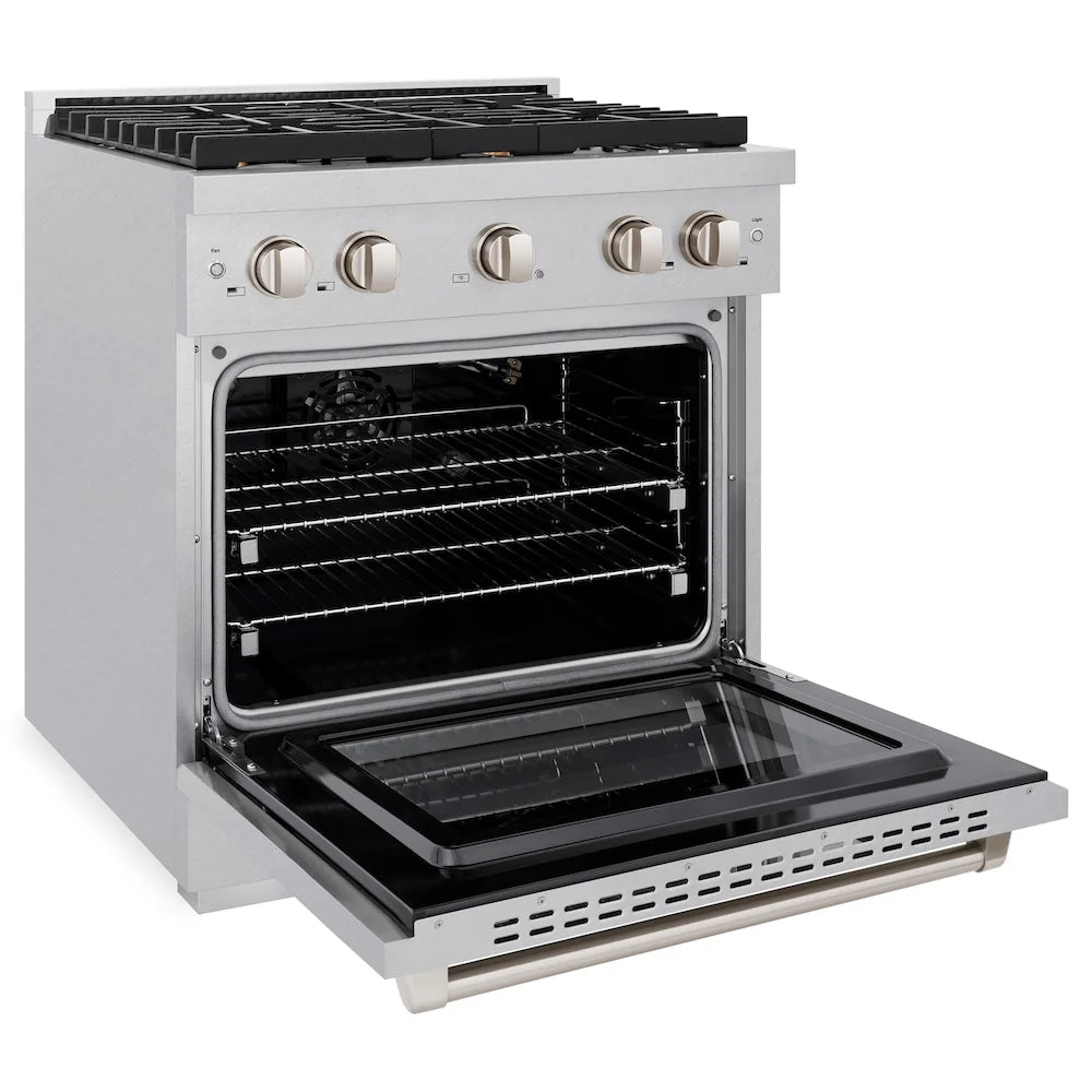 Open convection oven with interior racks and removable broiler-style tray