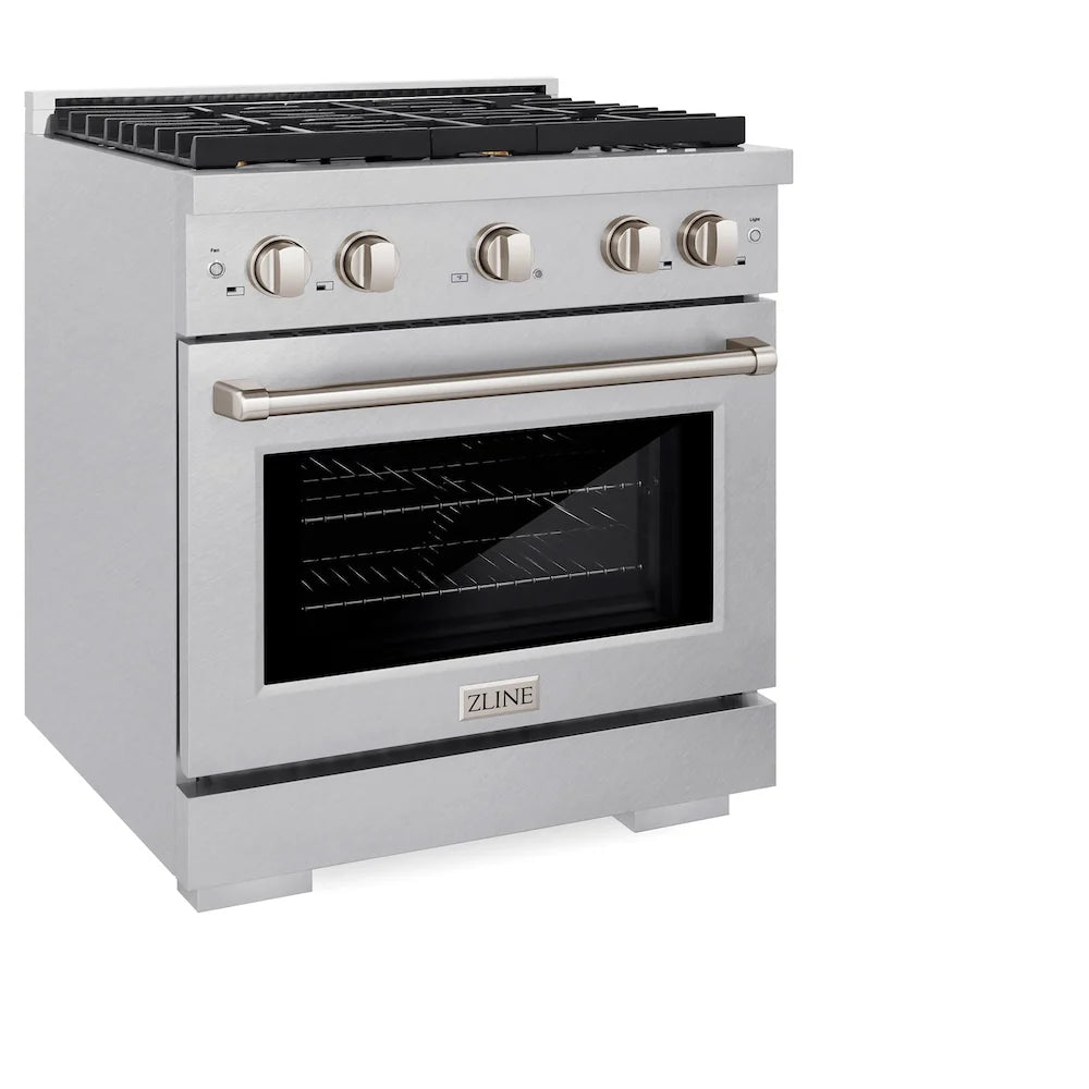 Satin stainless steel gas range with four burners and oven door window