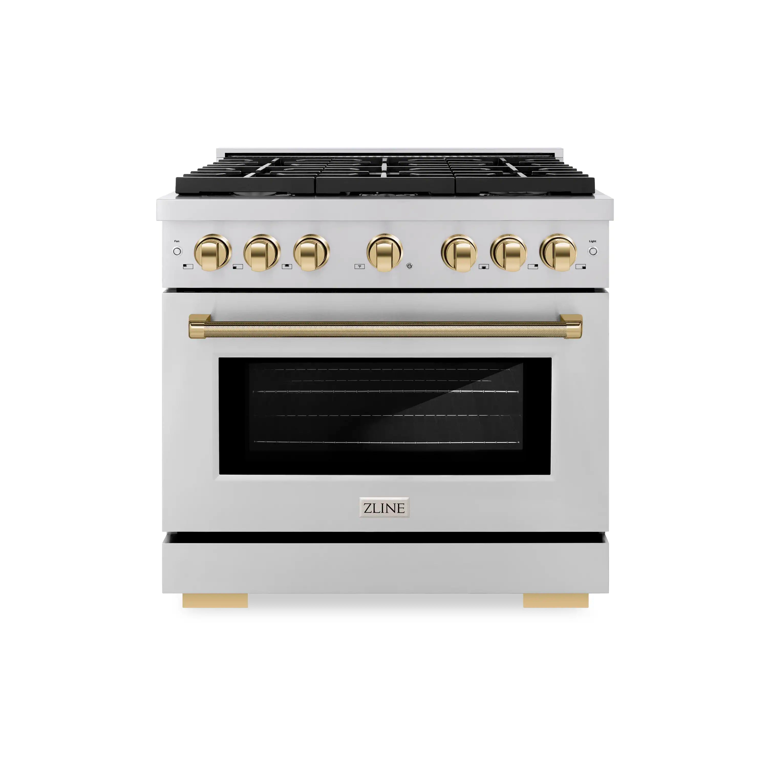 Stainless steel gas range front with black oven door and gold control knobs