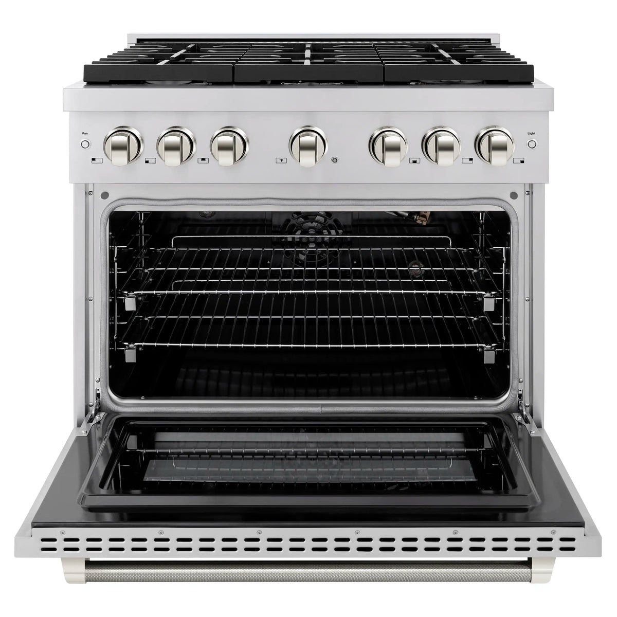 Stainless steel gas range with open oven door and control panel above