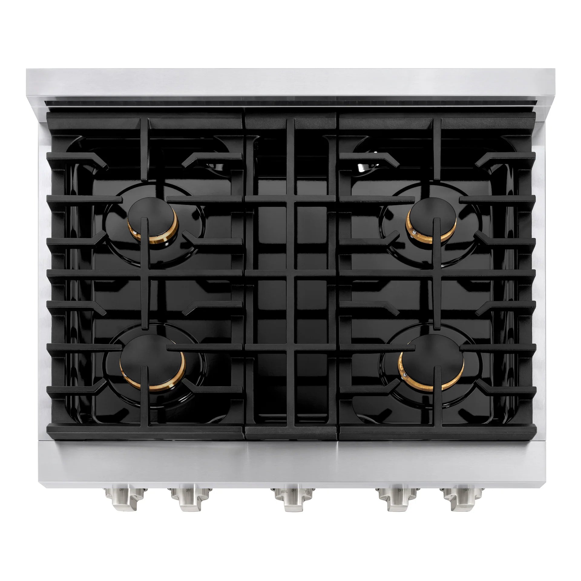 Brass gas burner set for ZLINE 30-inch SGR models, four burners with black caps