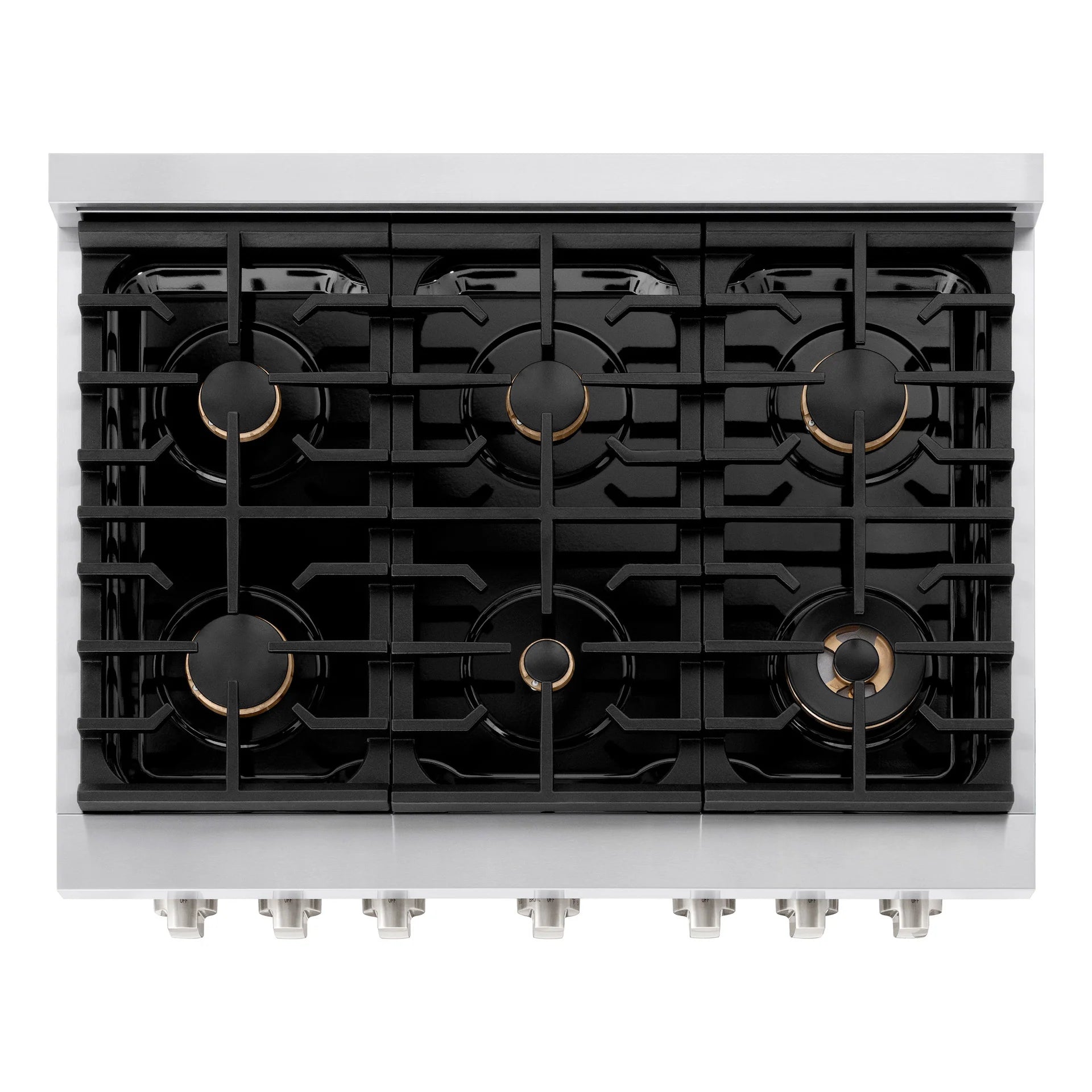 Set of five 36-inch brass gas burners with black grates and burner caps