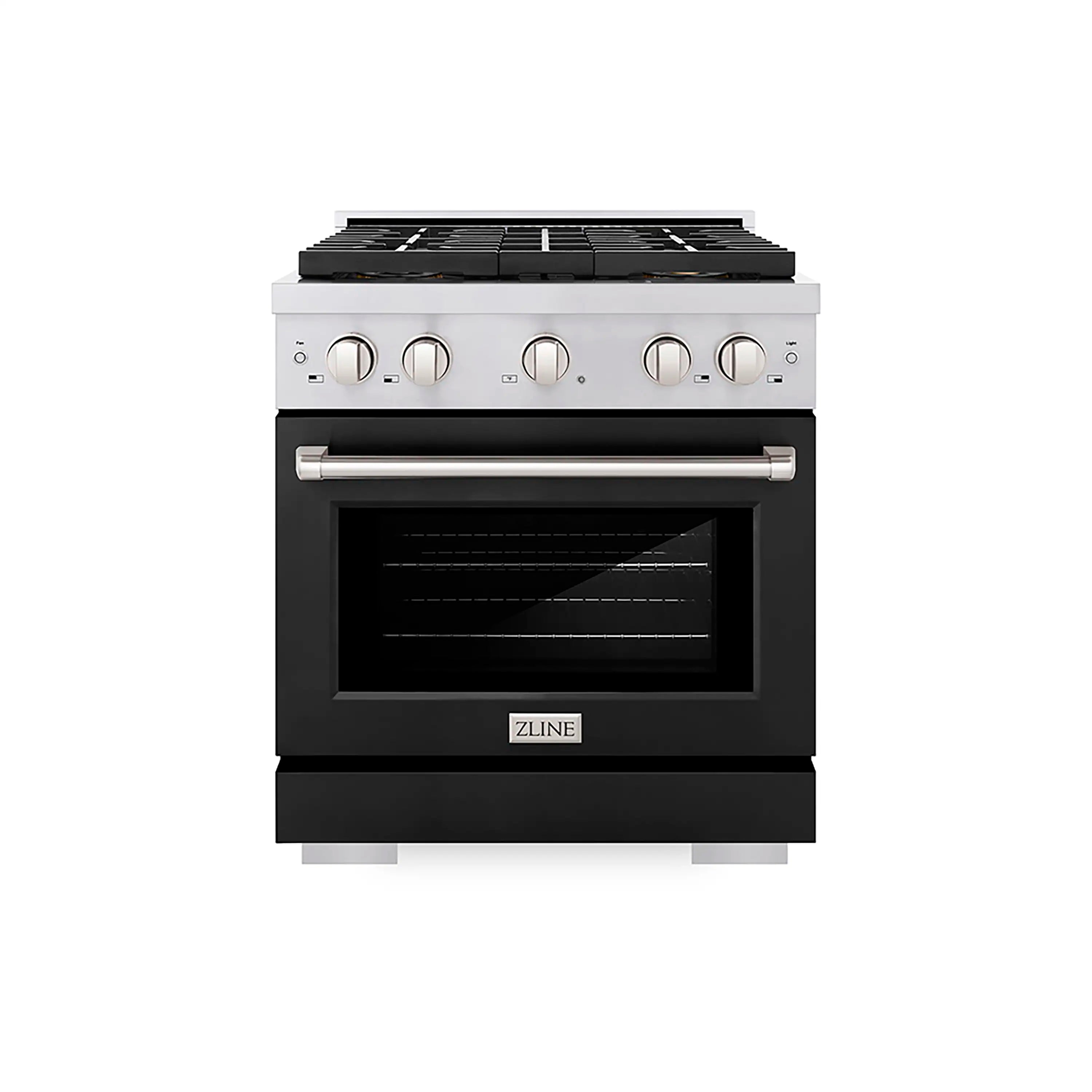 Stainless gas range with black matte oven door and front control knobs