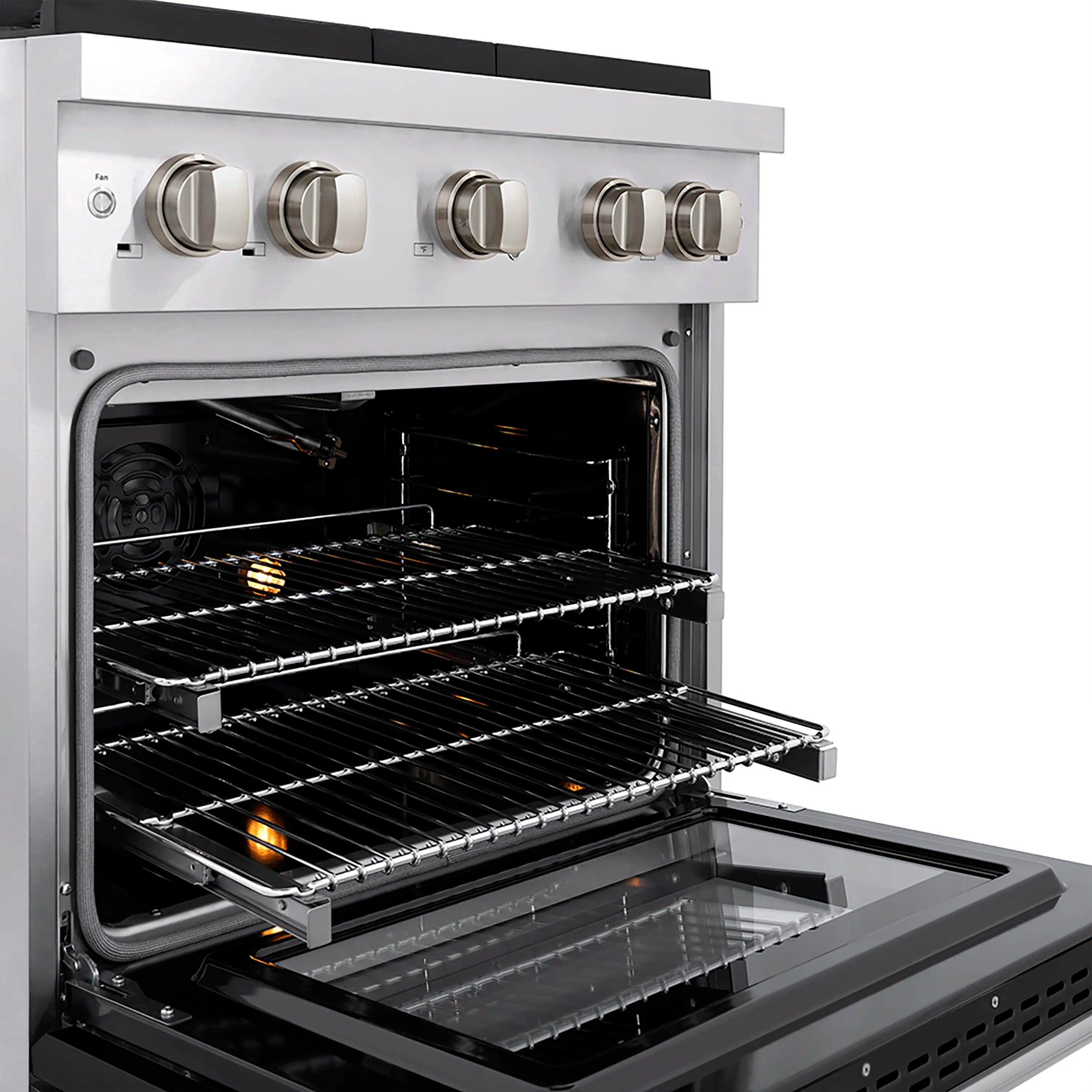 Gas oven with racks pulled out and burners glowing inside
