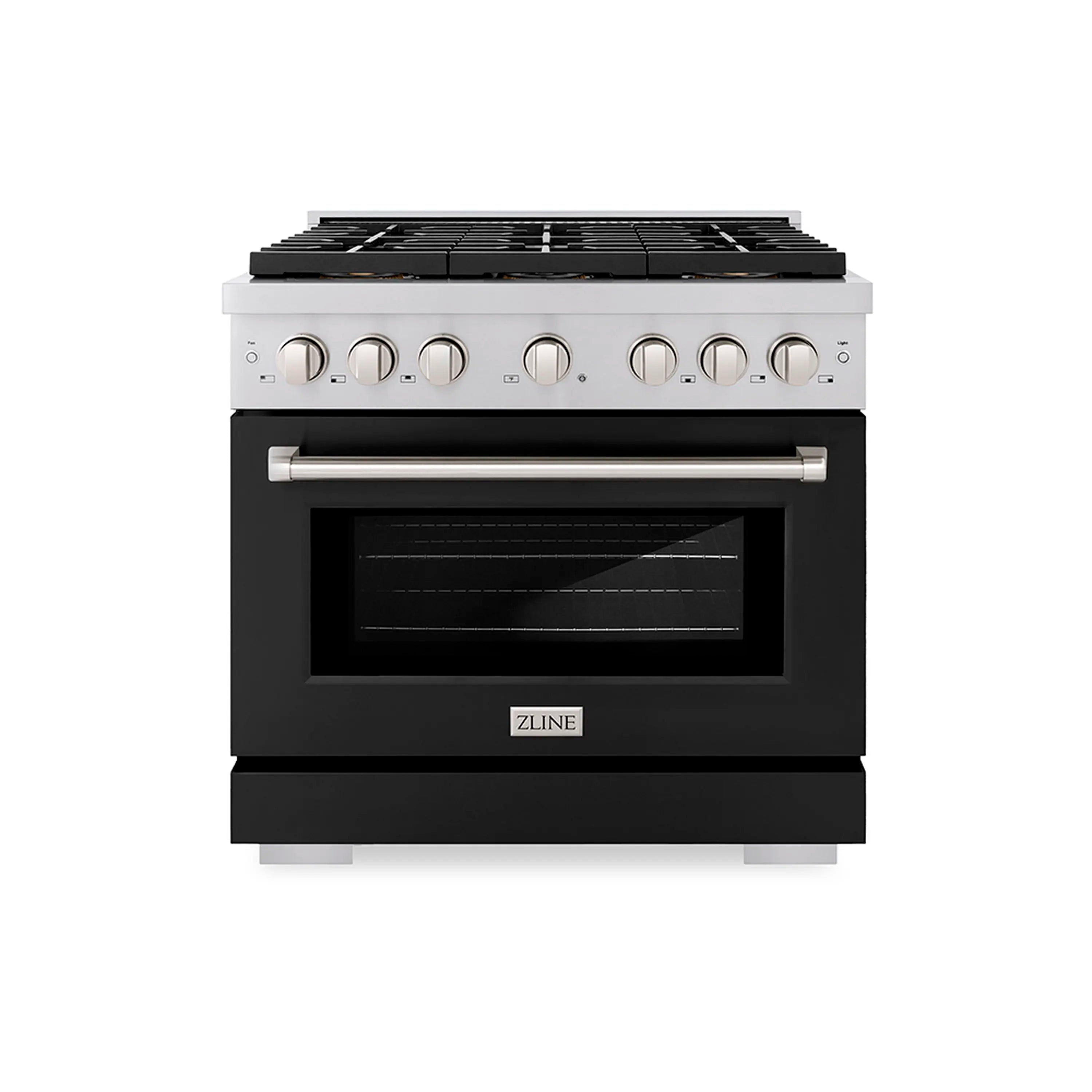 ZLINE gas range with black matte oven door and stainless control panel