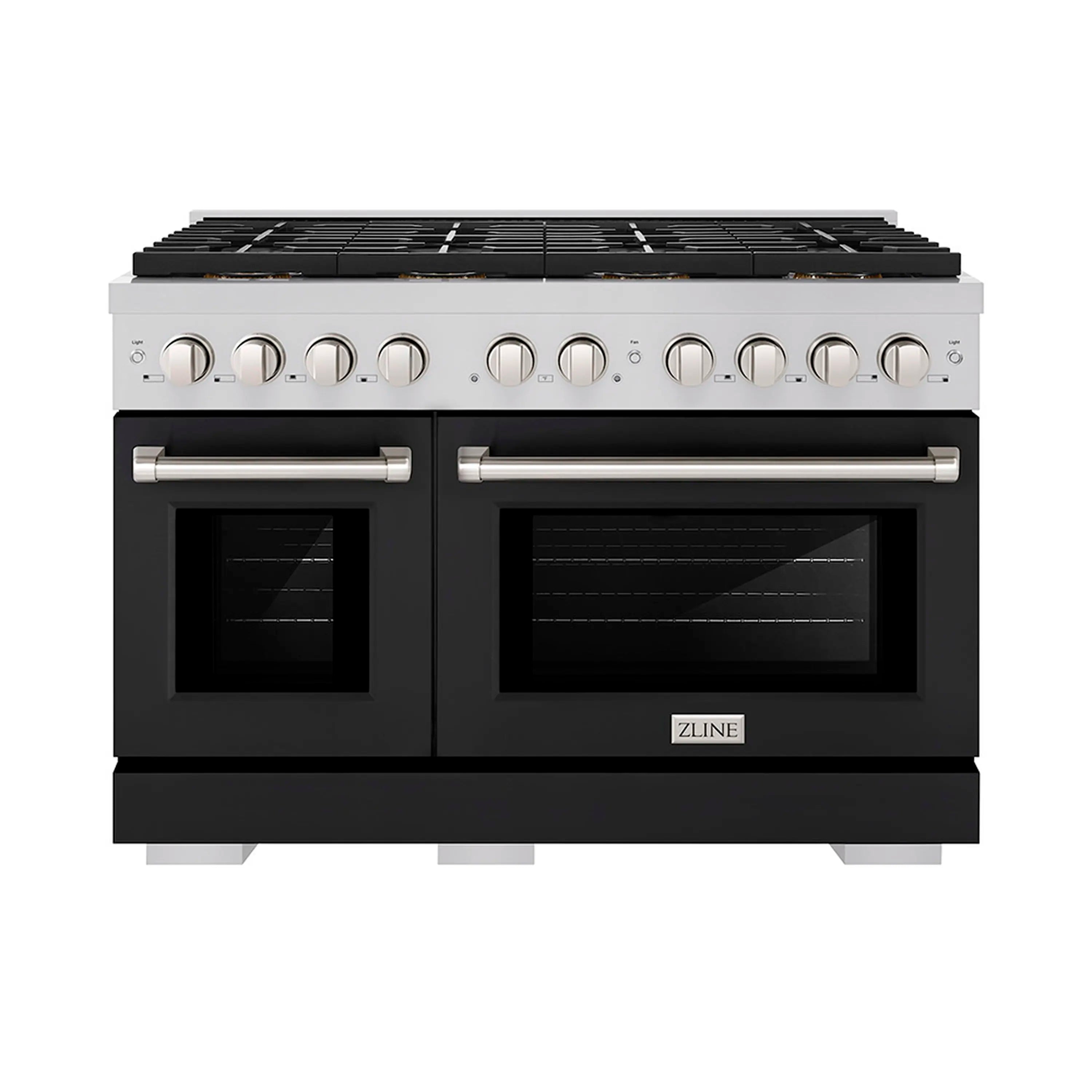 Black dual-oven gas range with front control knobs and black matte oven doors