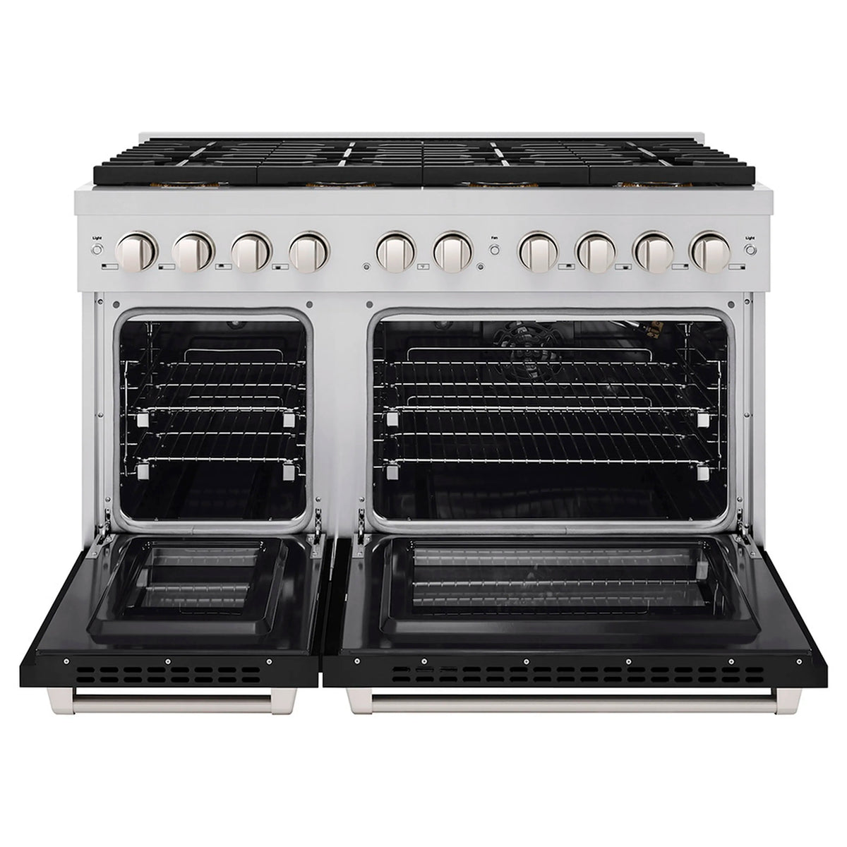Open dual oven compartments with baking racks inside a black gas range