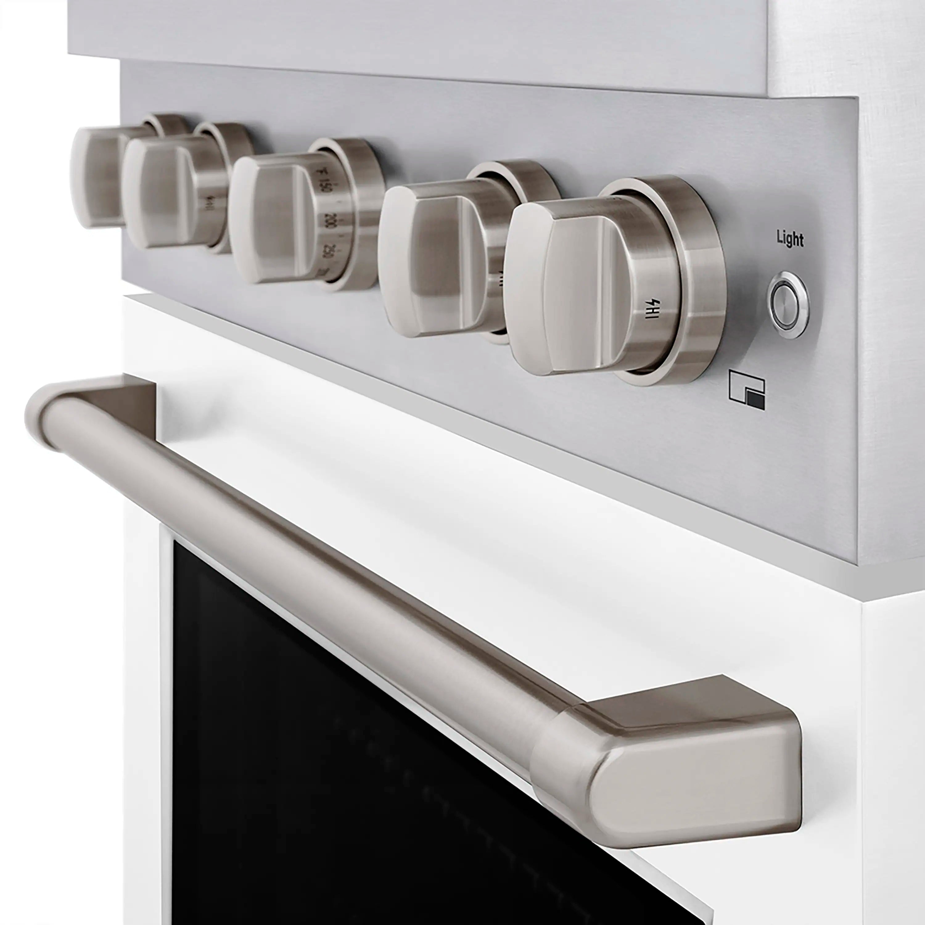 Gas range front control panel with white knobs and front-mounted light and heat controls