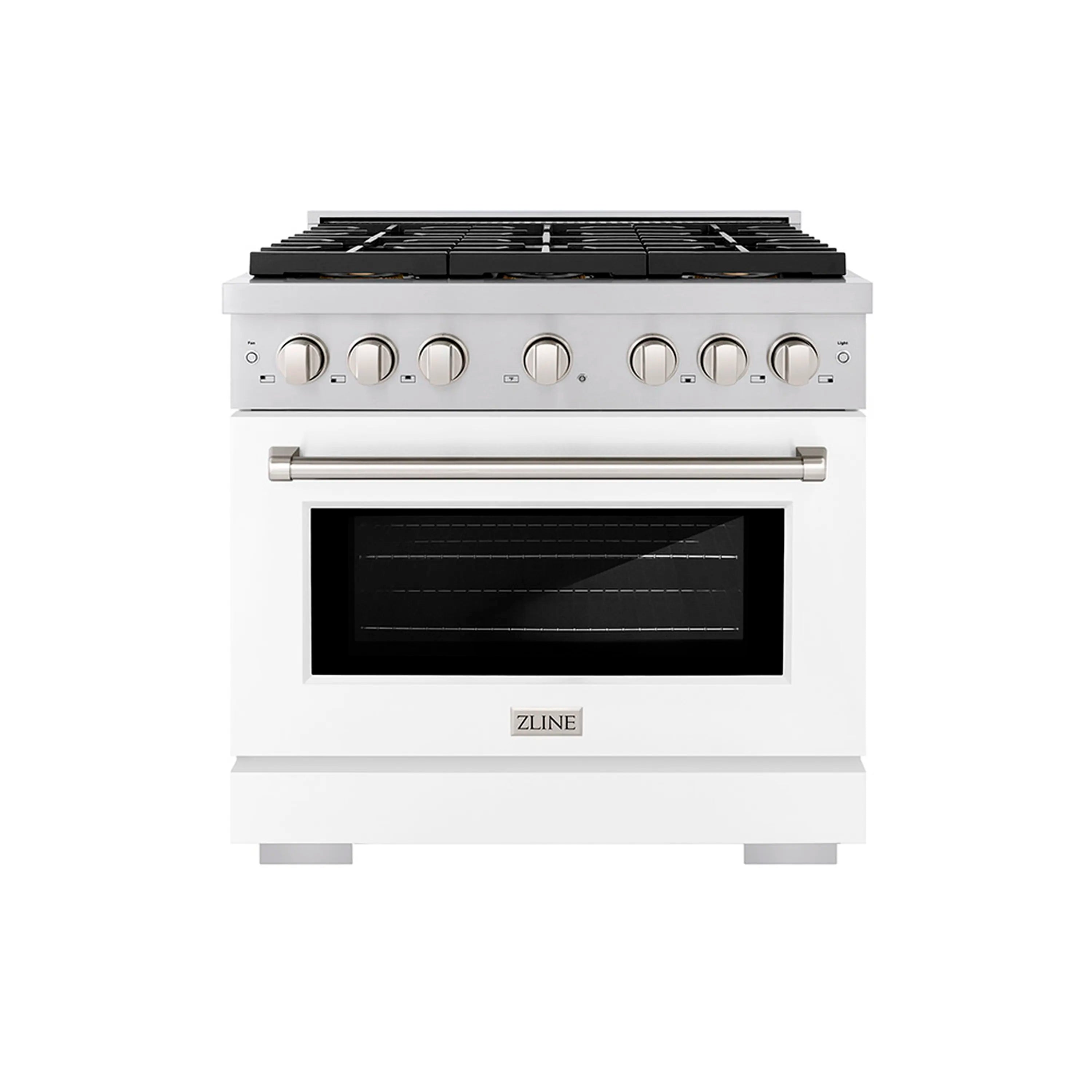 White gas range with black cooktop grates, control knobs, and oven door window