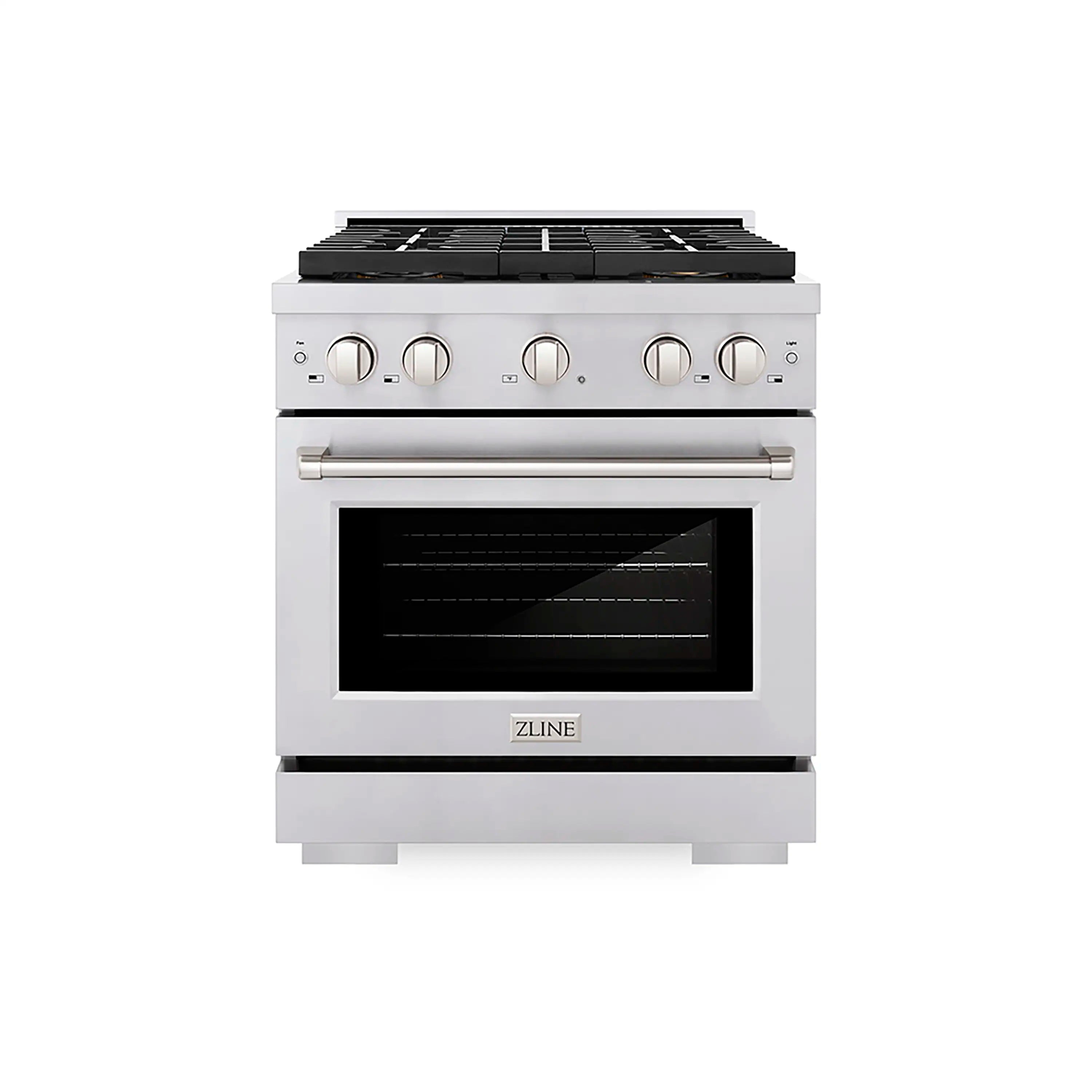 Stainless steel 30-inch gas range with four-burner cooktop and convection oven door