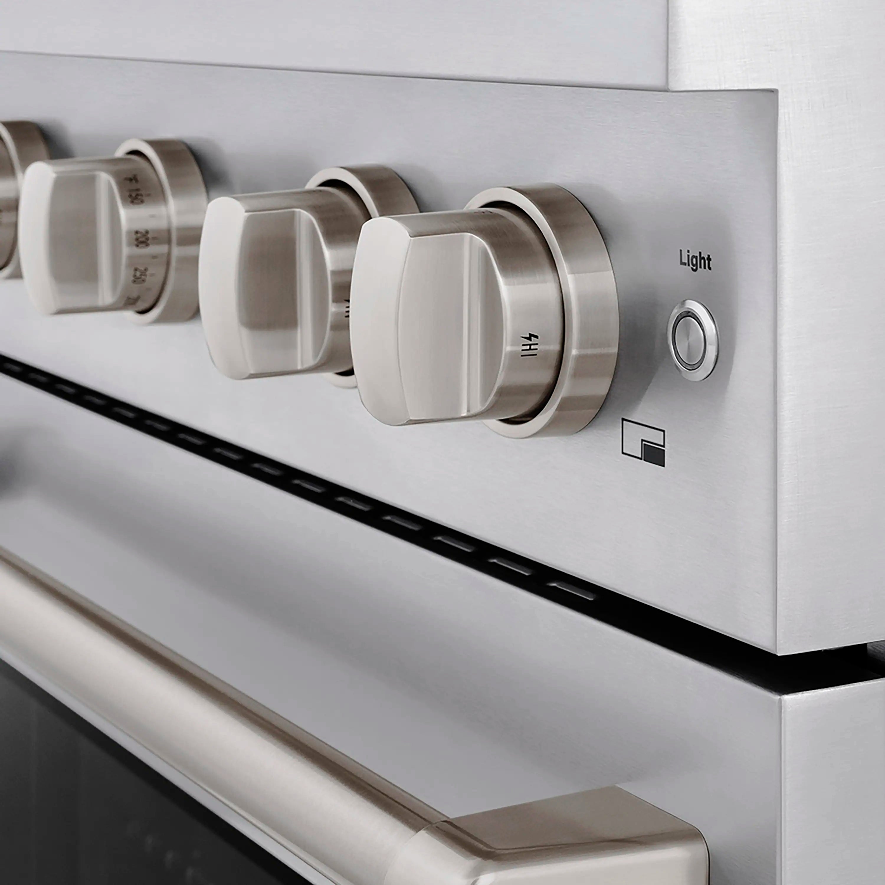 Stainless steel cooktop control panel with four burner knobs and Light button