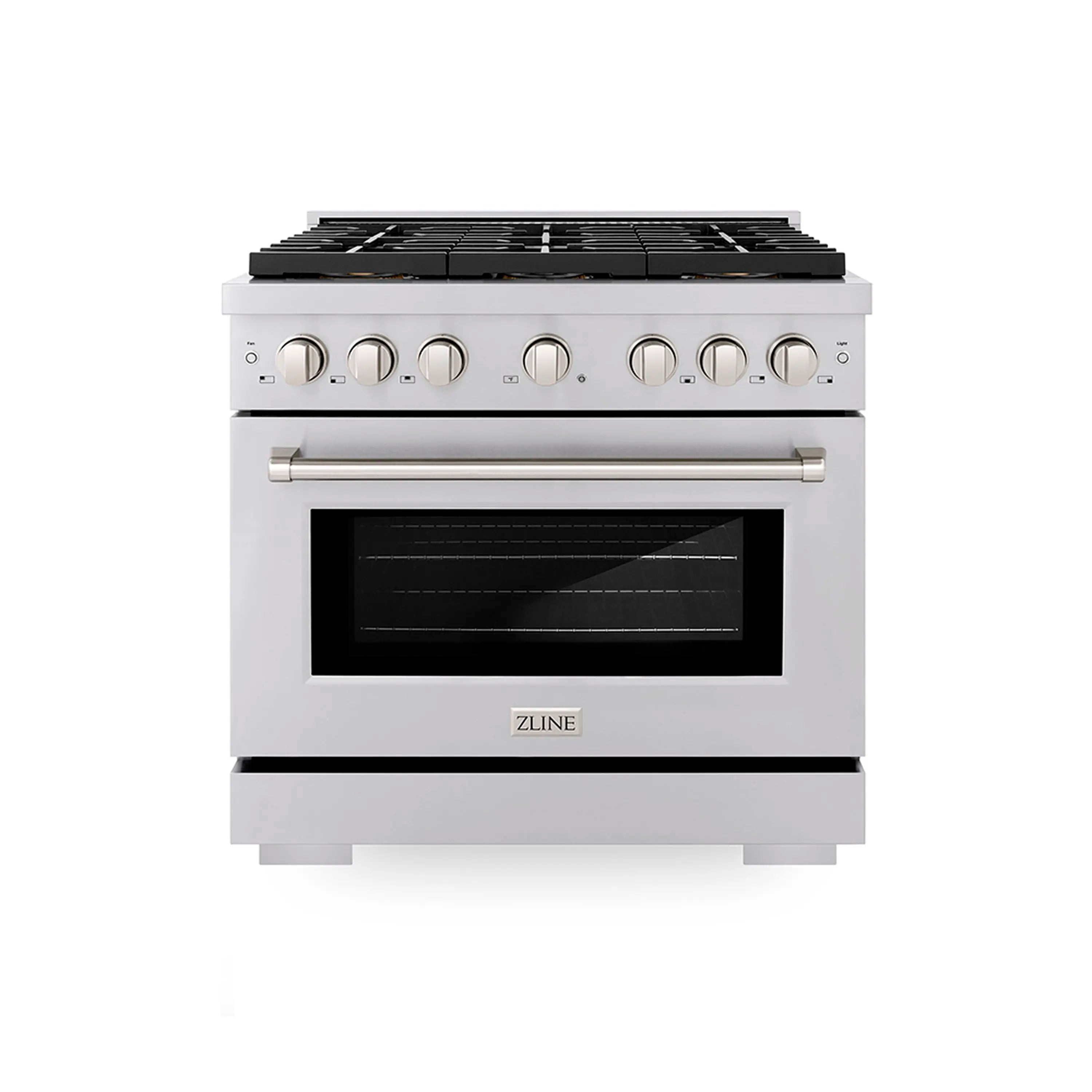 Stainless steel 36-inch gas range with griddle burners and convection oven door