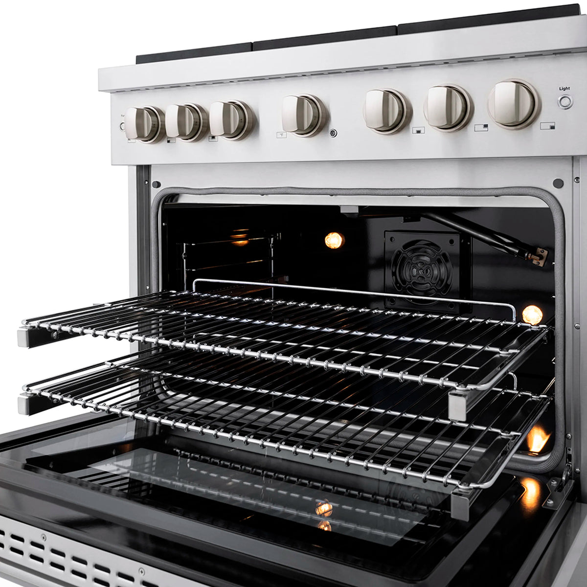 Open convection oven with heated racks, burners glowing, and interior fan area