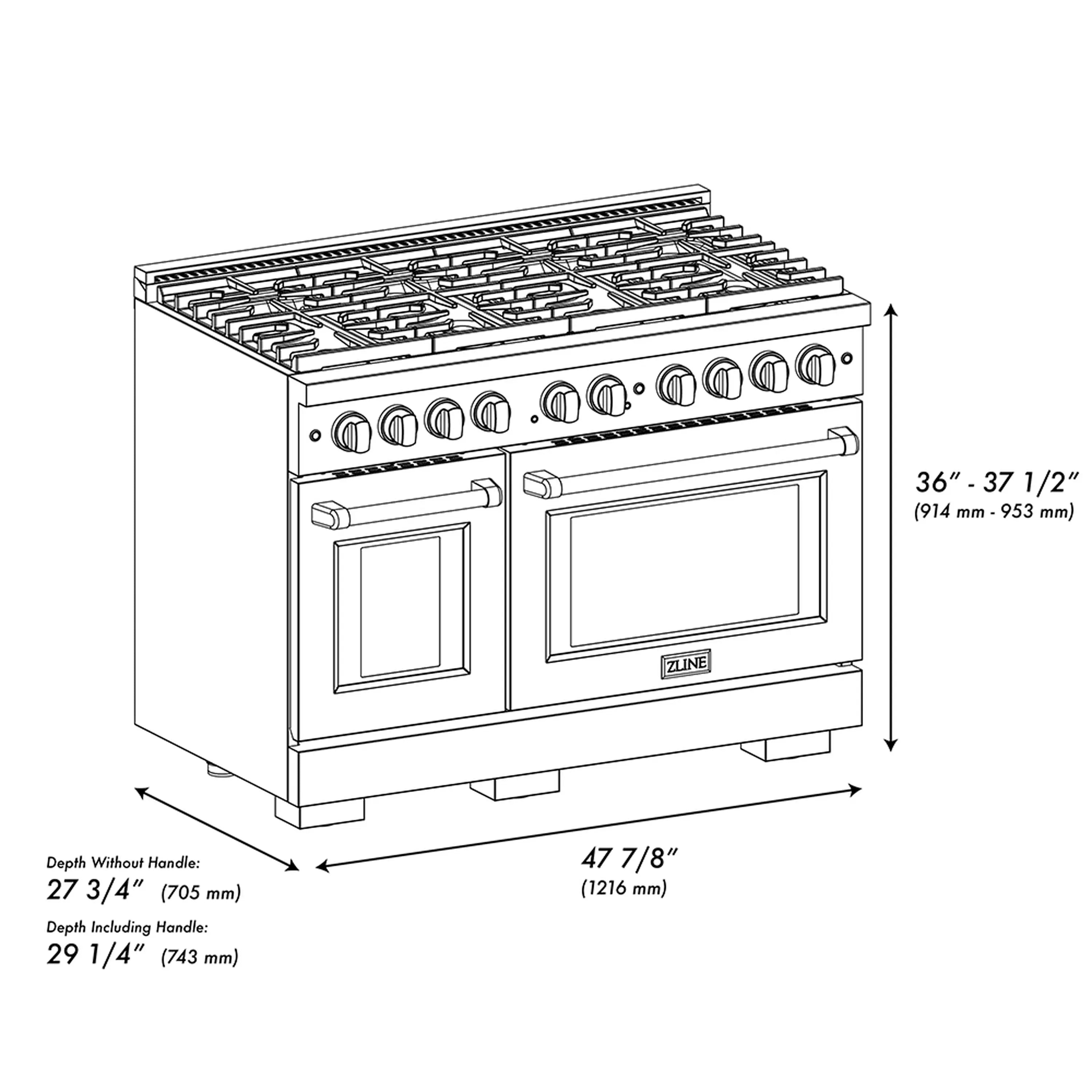 Stainless steel gas range with eight-burner cooktop, dual oven doors, and control knobs