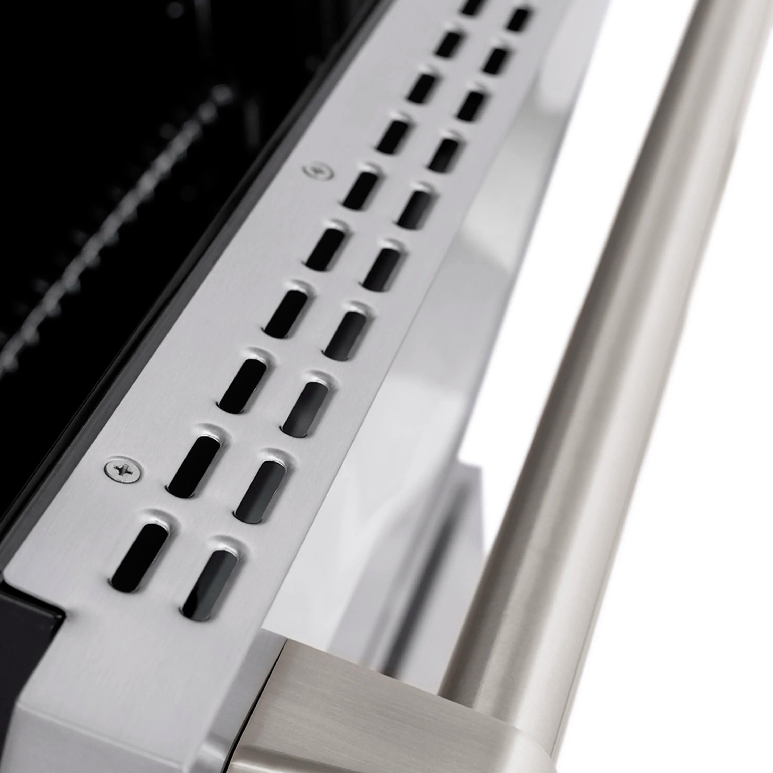 Stainless steel burner control panel with rectangular vent openings and knob row