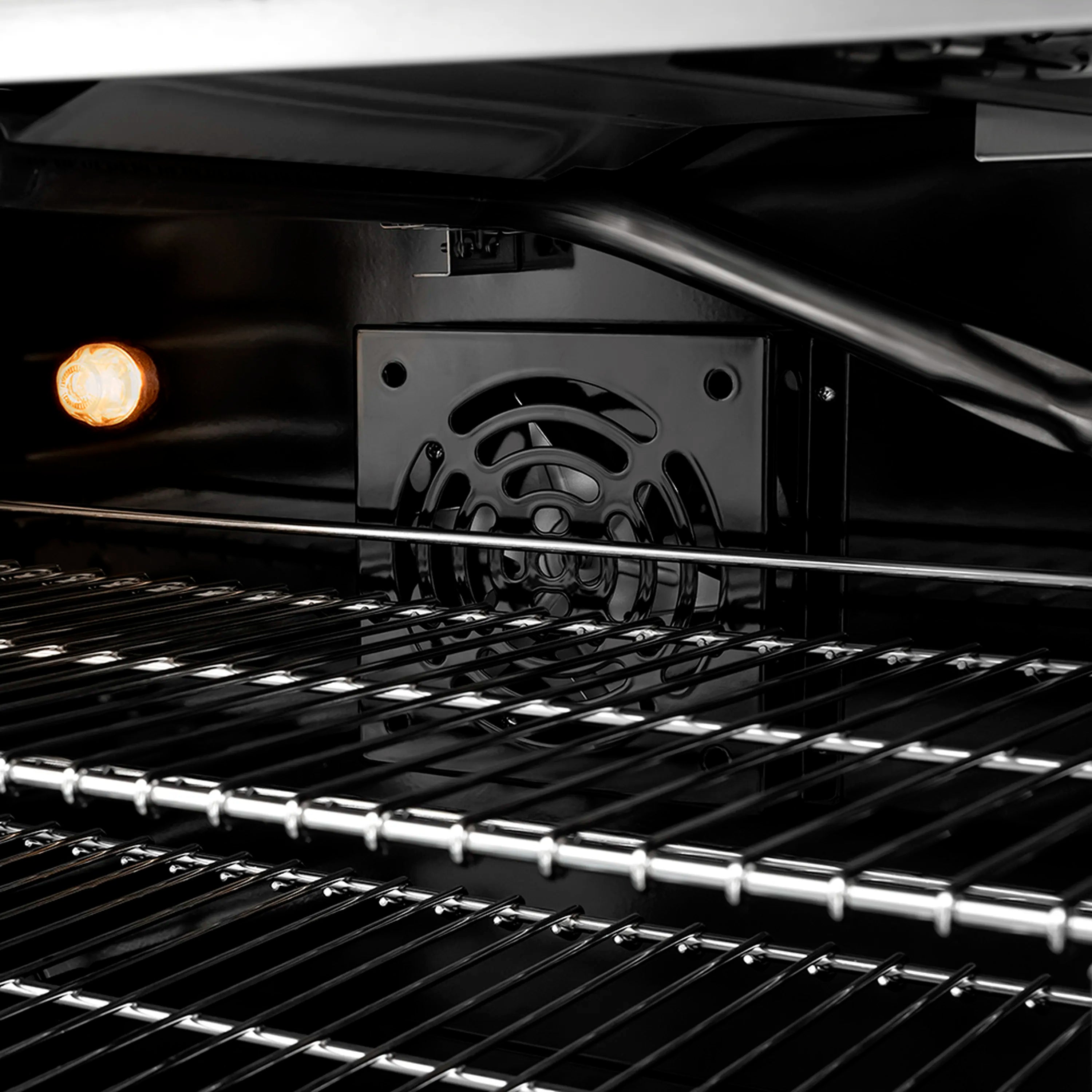 Dual oven interior with metal racks and oven light visible above the burner area