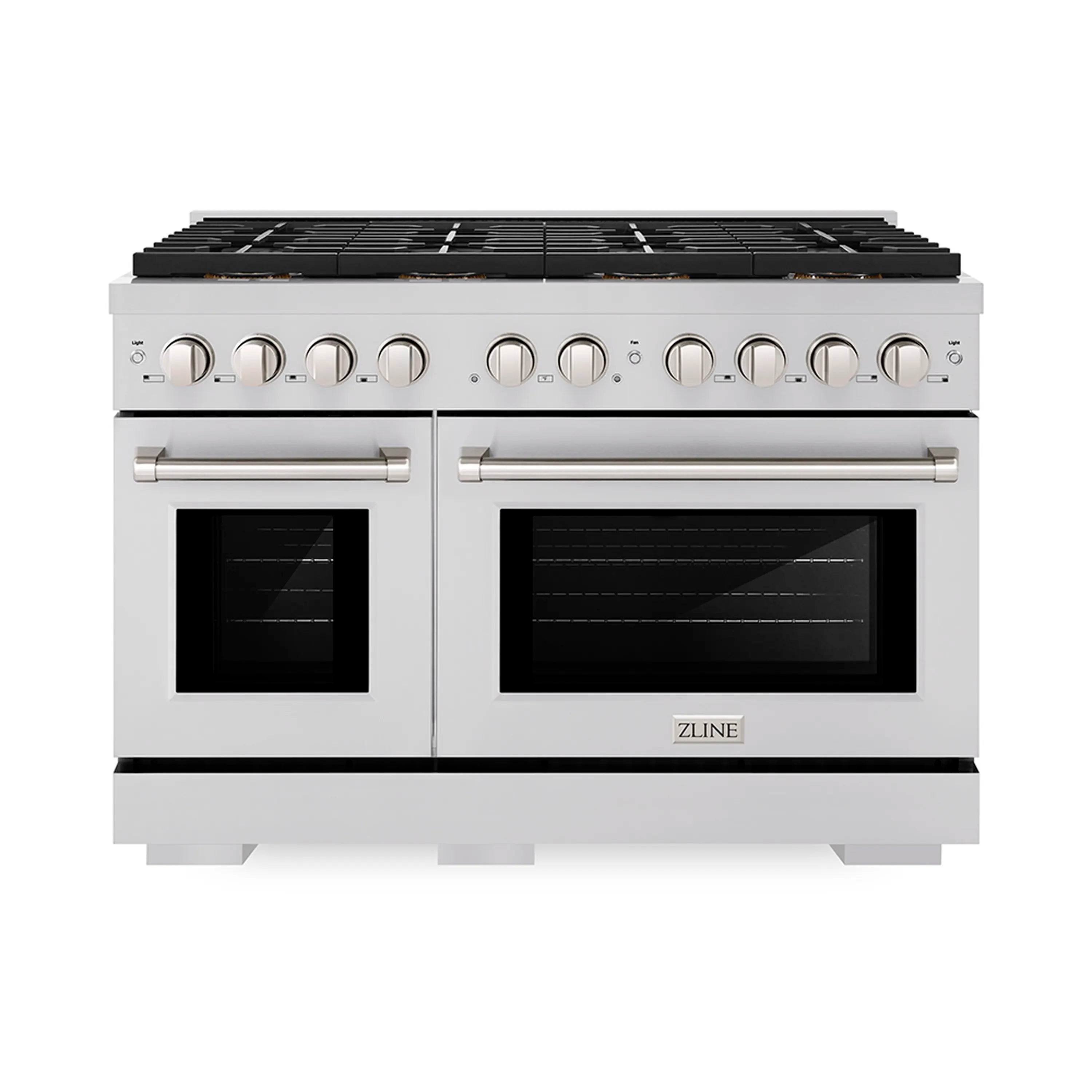 Stainless steel gas range front with two oven windows and burner control knobs