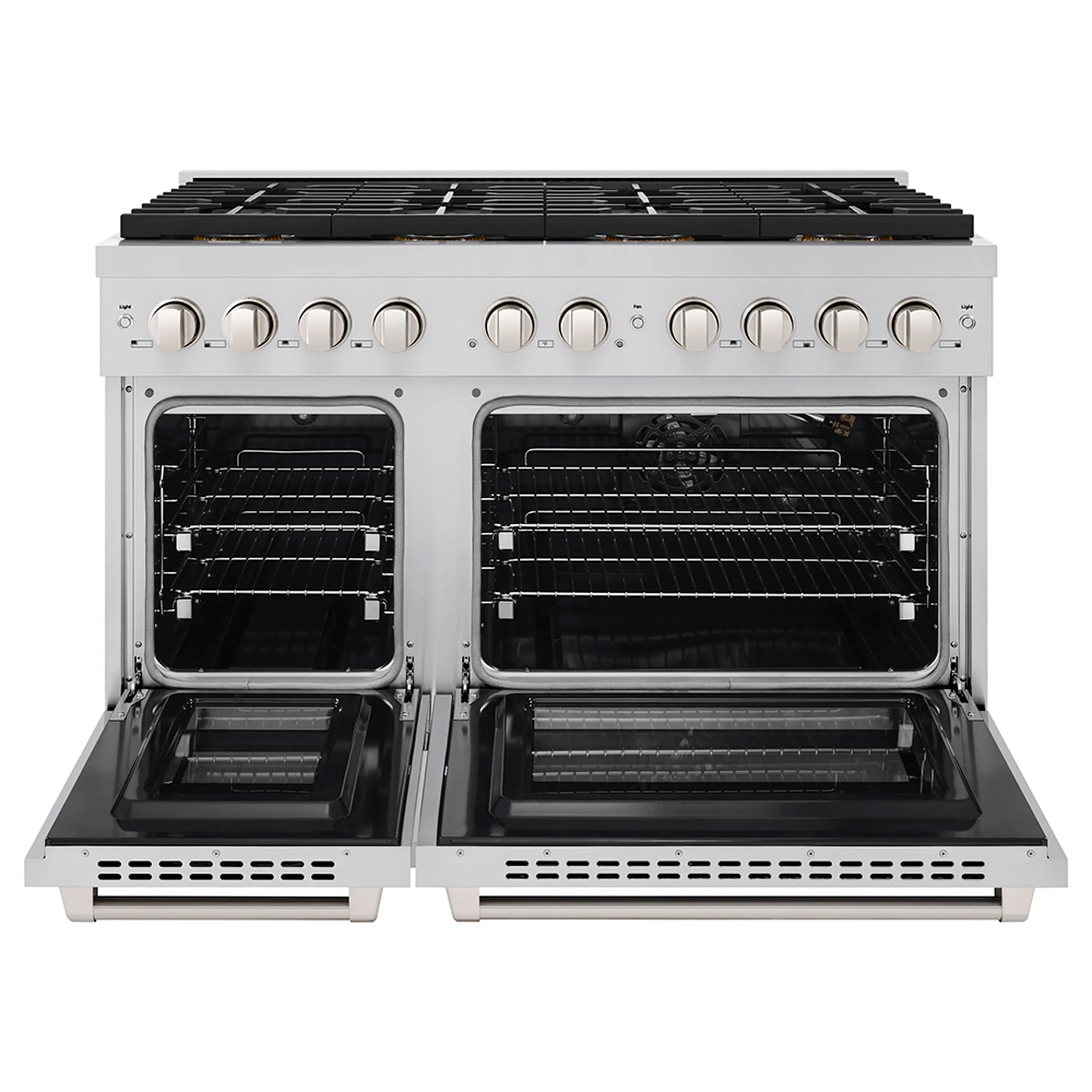 Stainless steel gas range with both oven doors open and wire racks inside