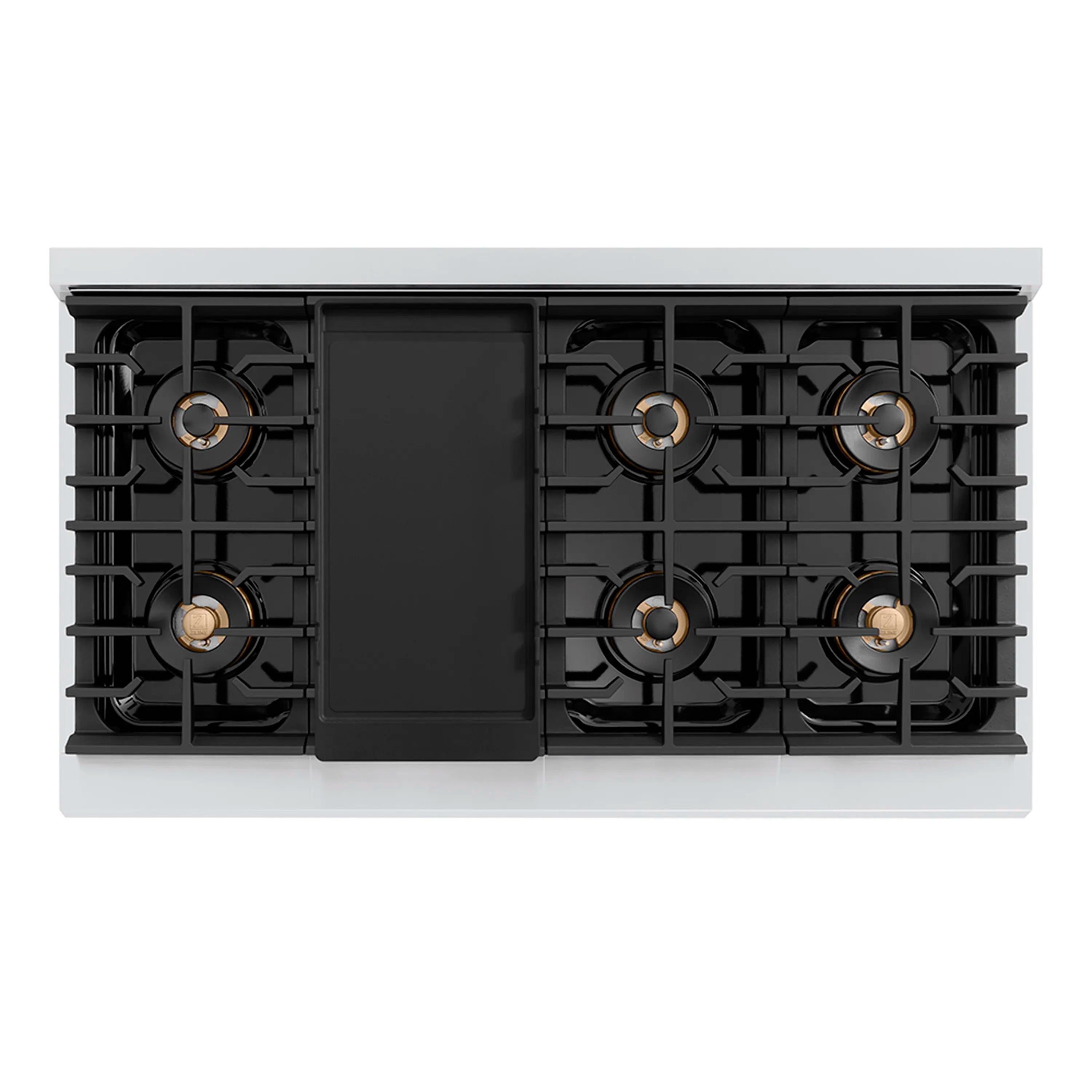 Stainless steel gas range cooktop with black burner grates and raised burner modules