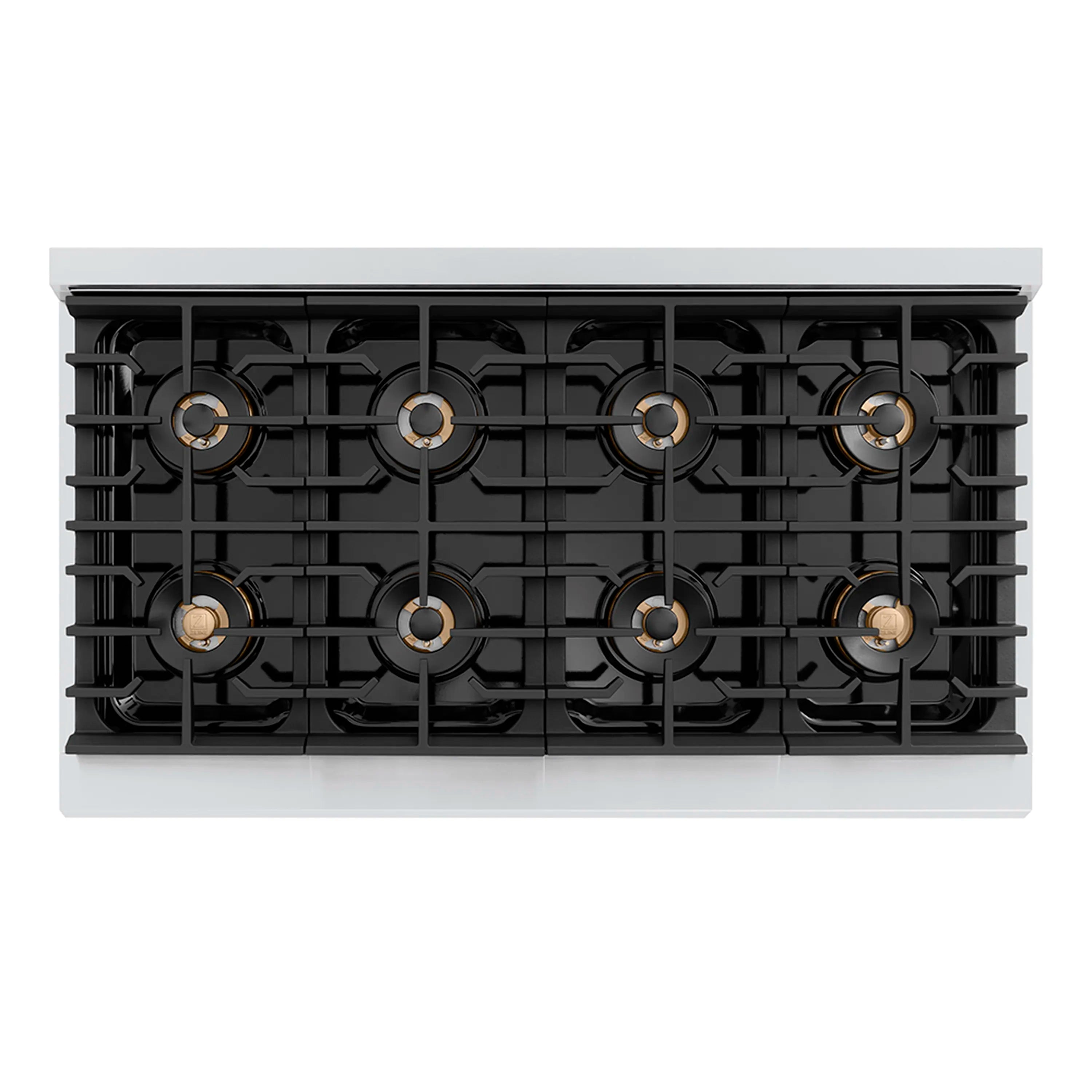 Eight-burner gas cooktop with black grates on a stainless steel range